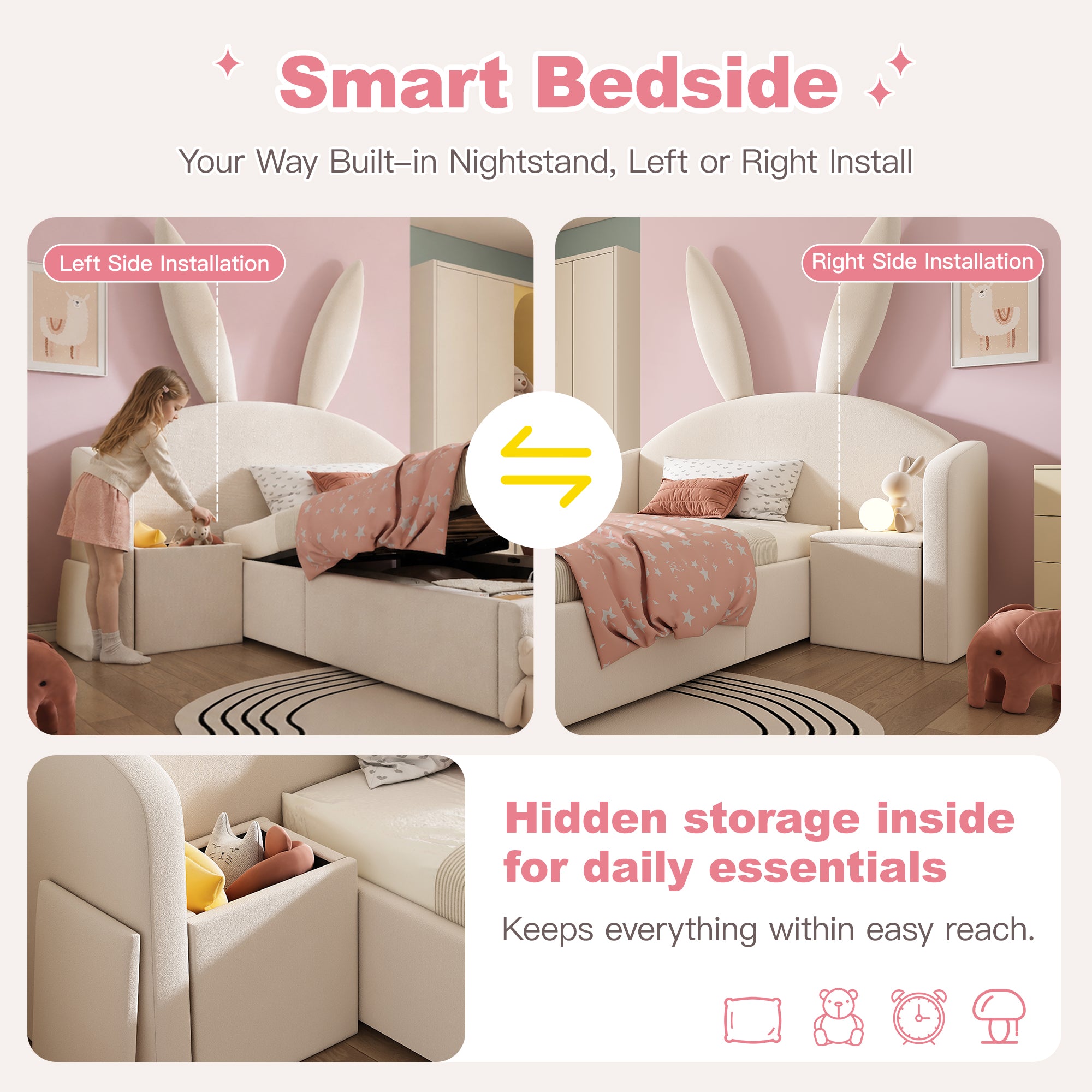 Bunny Ears Kids Bed, Single Upholstered Bed with Hydraulic Storage & Nightstand, Children Bed Frame for Girls Bedroom, 90 x 190 cm, Beige, No Mattress