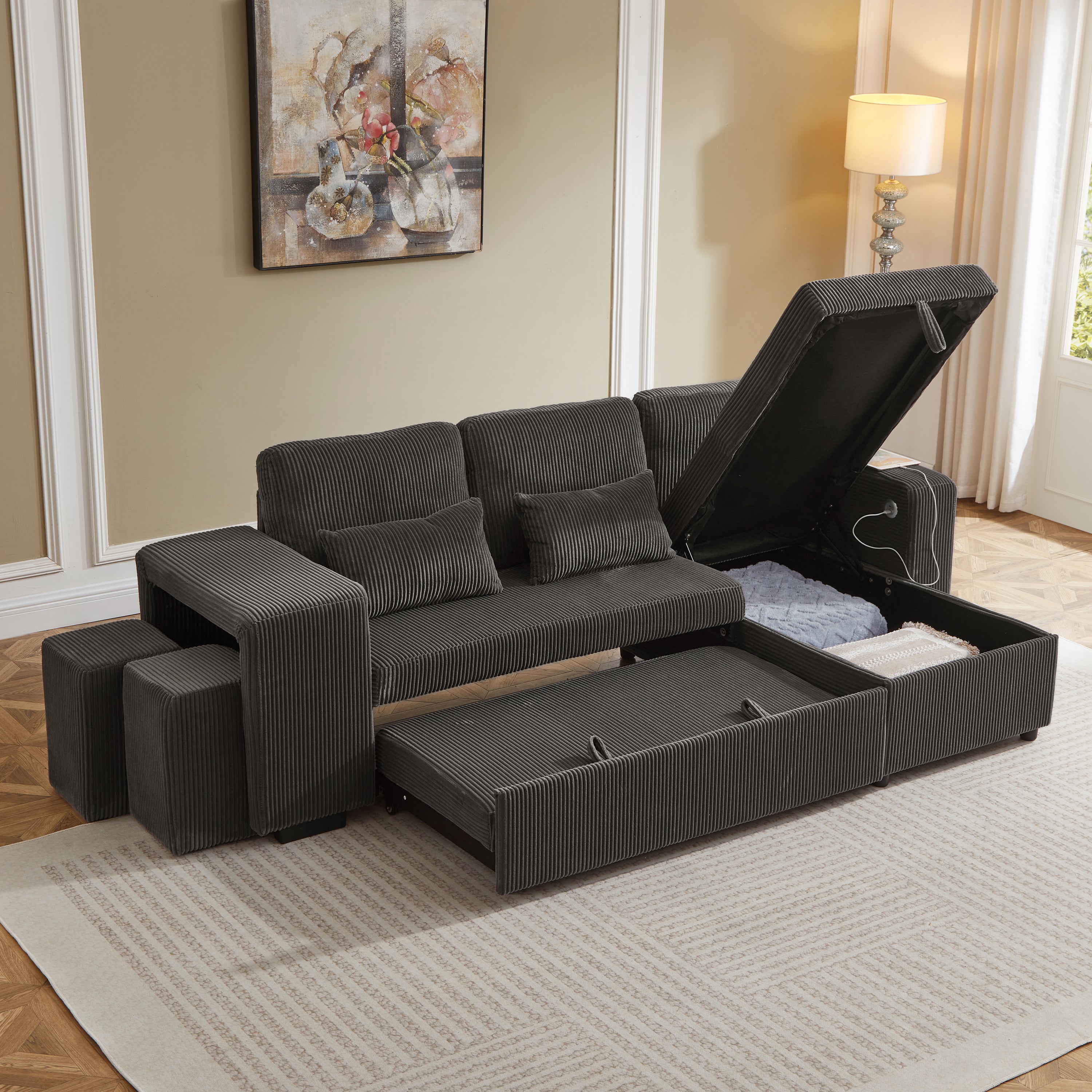 Modern L-Shaped Convertible Sofa Bed, 3-in-1 Convertible Sofa Bed with Internal Storage Chaise, Nesting Footstools, Integrated Charging Station & Adjustable Armrest Side Storage, Corduroy Fabric, Grey