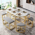 Dining group, (set, with dining table, 4 small stools and 2 large stools), kitchen dining table set made of steel frame, modern white and gold, 140*70*76cm, load capacity 120 kg