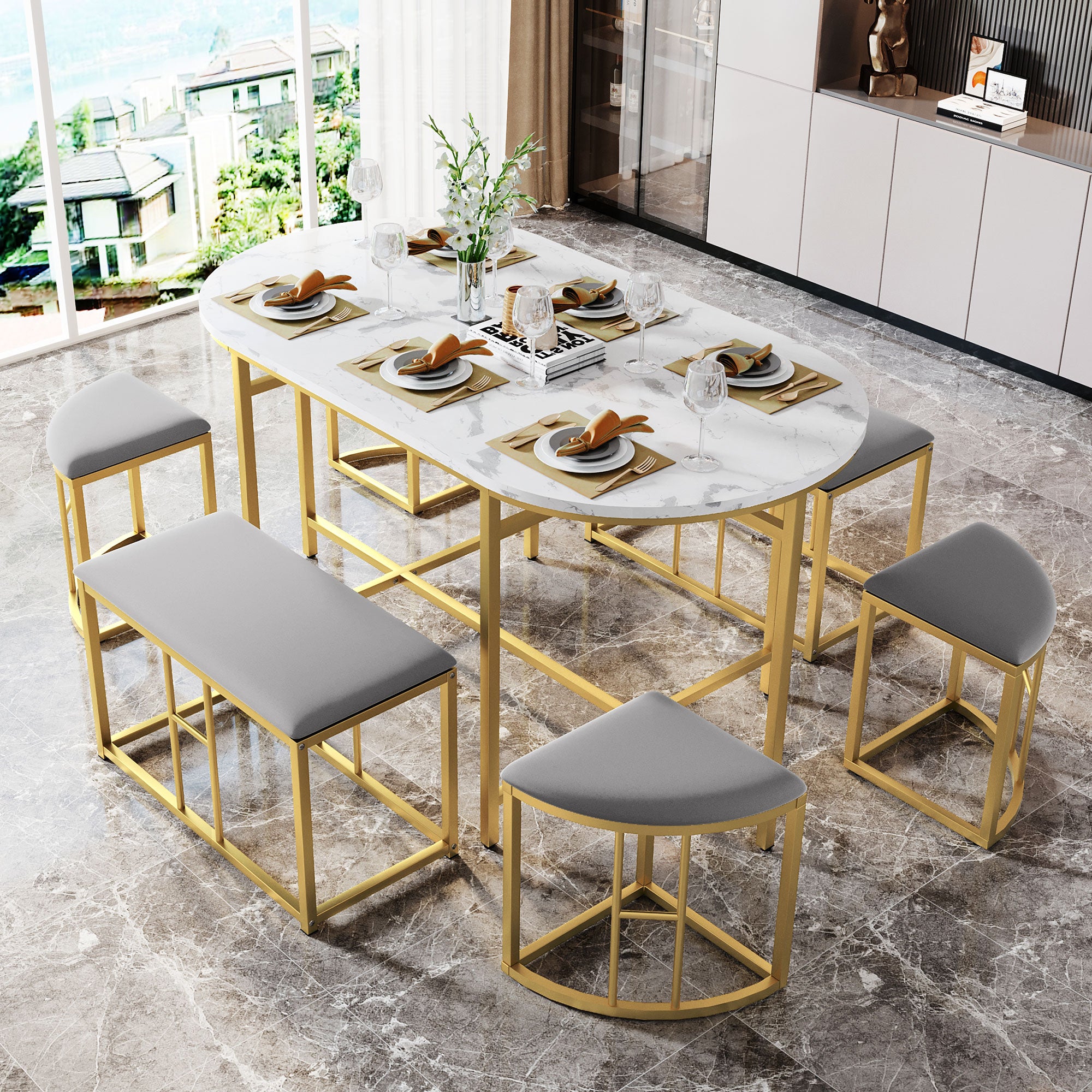 Dining group, (set, with dining table, 4 small stools and 2 large stools), kitchen dining table set made of steel frame, modern white and gold, 140*70*76cm, load capacity 120 kg
