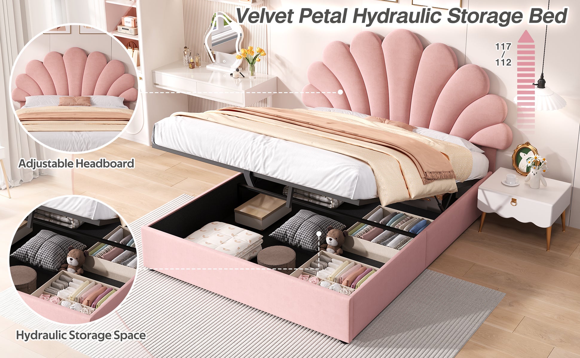4ft6 Double Upholstered Hydraulic Bed with Adjustable Chic Petal Headboard, Soft Velvet Bed Frame with Hydraulic Storage, Petal Bed with Solid Wood Slat, No Box Spring Needed, Pink (No Mattress)