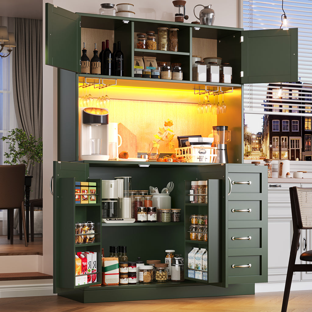 Sideboard / Storage Cabinet / Kitchen Cabinet / Buffet Cabinet, 120x40x188cm, with LED Lighting, Snack Rack & Drink Holders, 4 Doors & 2 Large Drawers, Green/White