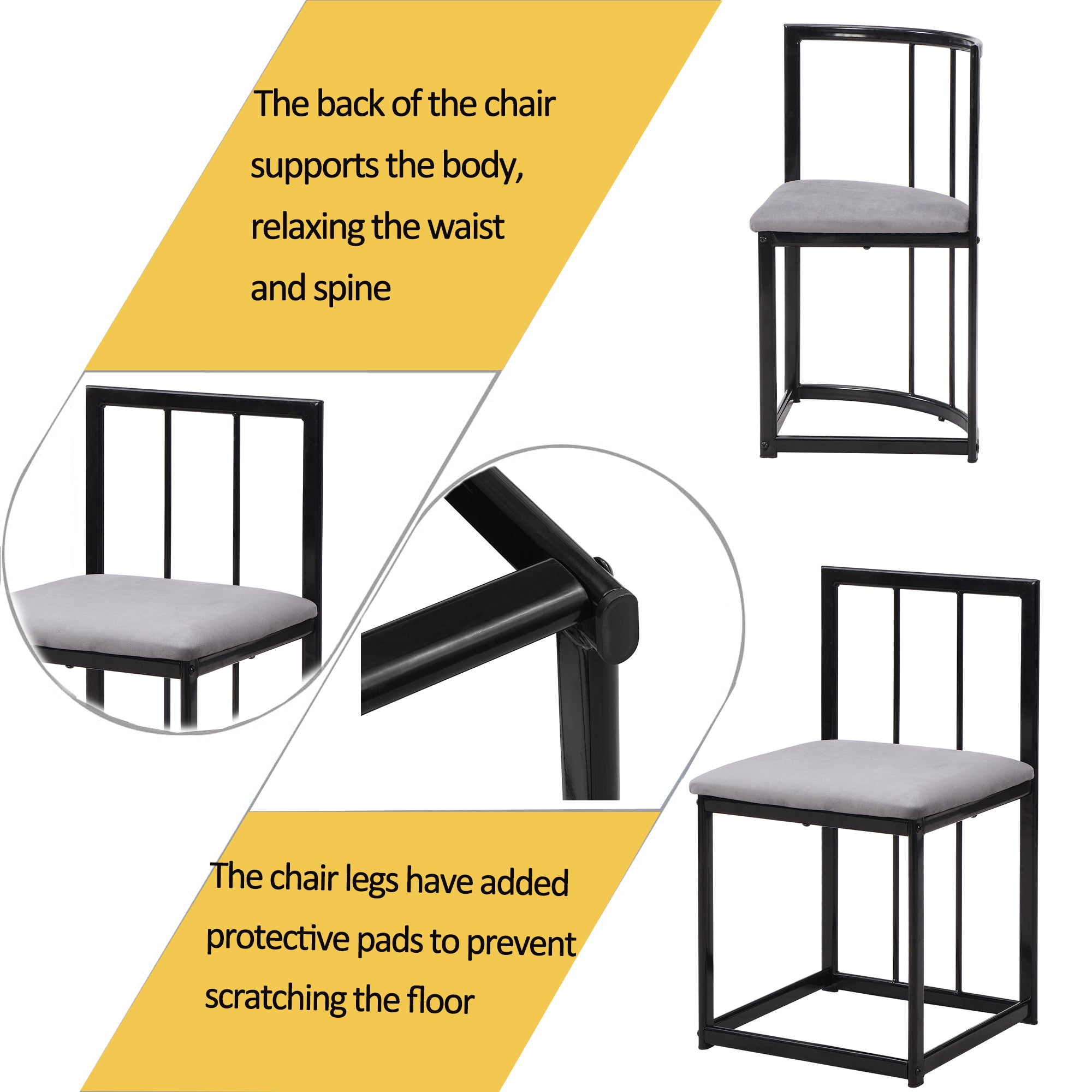 Six-chair dining table set: (White table, chairs with backrests and gray cushions, black iron frame), dining room table and chair set, modern dining table combination