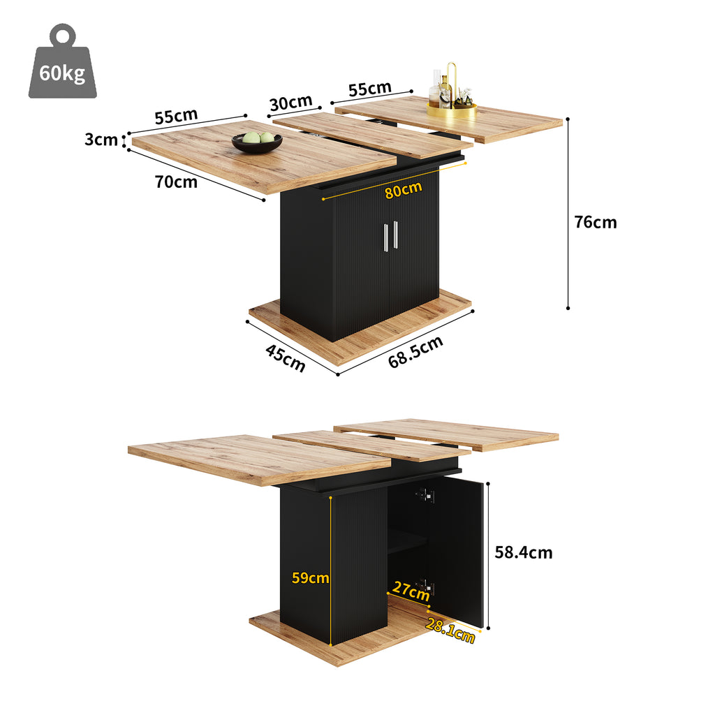 Telescopic dining table (140×70cm), extendable dining table with storage shelf, space-saving kitchen table, dining table with three shelves, extendable dining table for kitchen and living room, natura