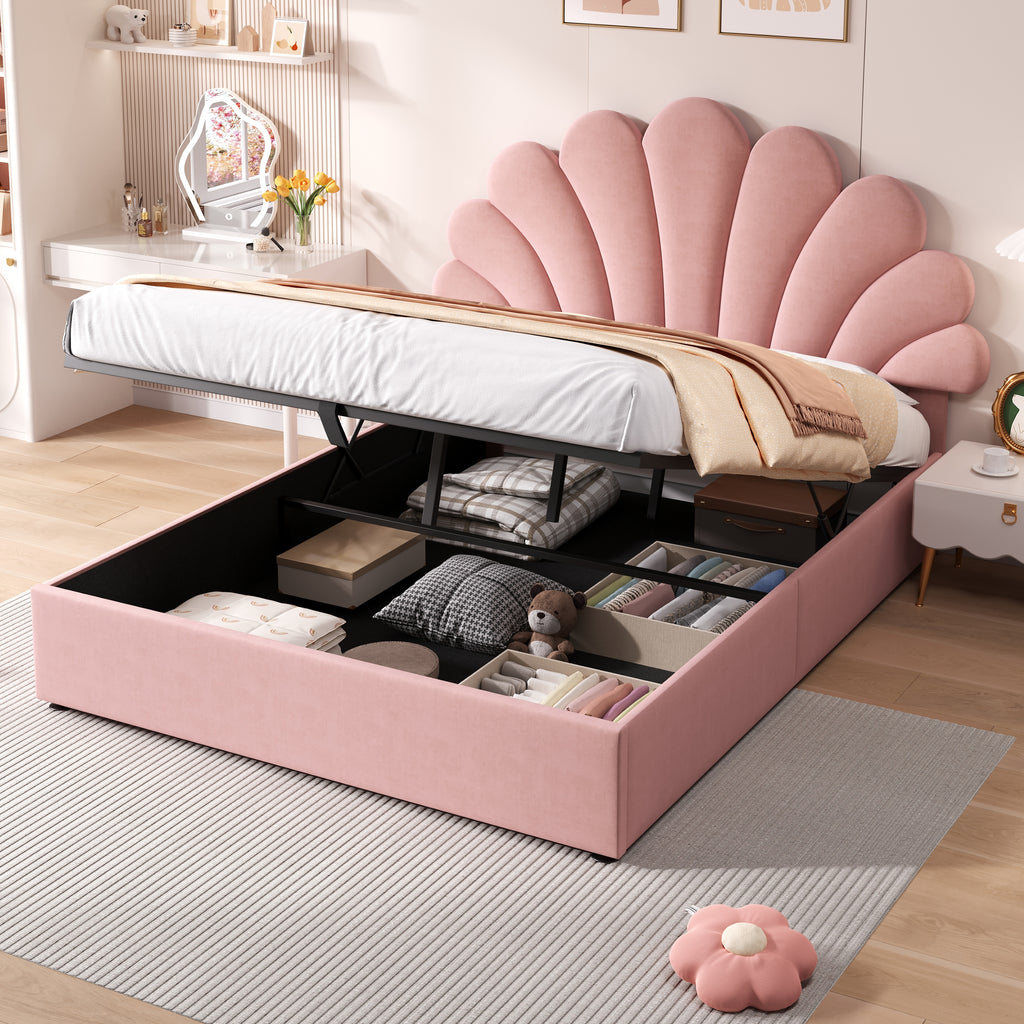 4ft6 Double Upholstered Hydraulic Bed with Adjustable Chic Petal Headboard, Soft Velvet Bed Frame with Hydraulic Storage, Petal Bed with Solid Wood Slat, No Box Spring Needed, Pink (No Mattress)