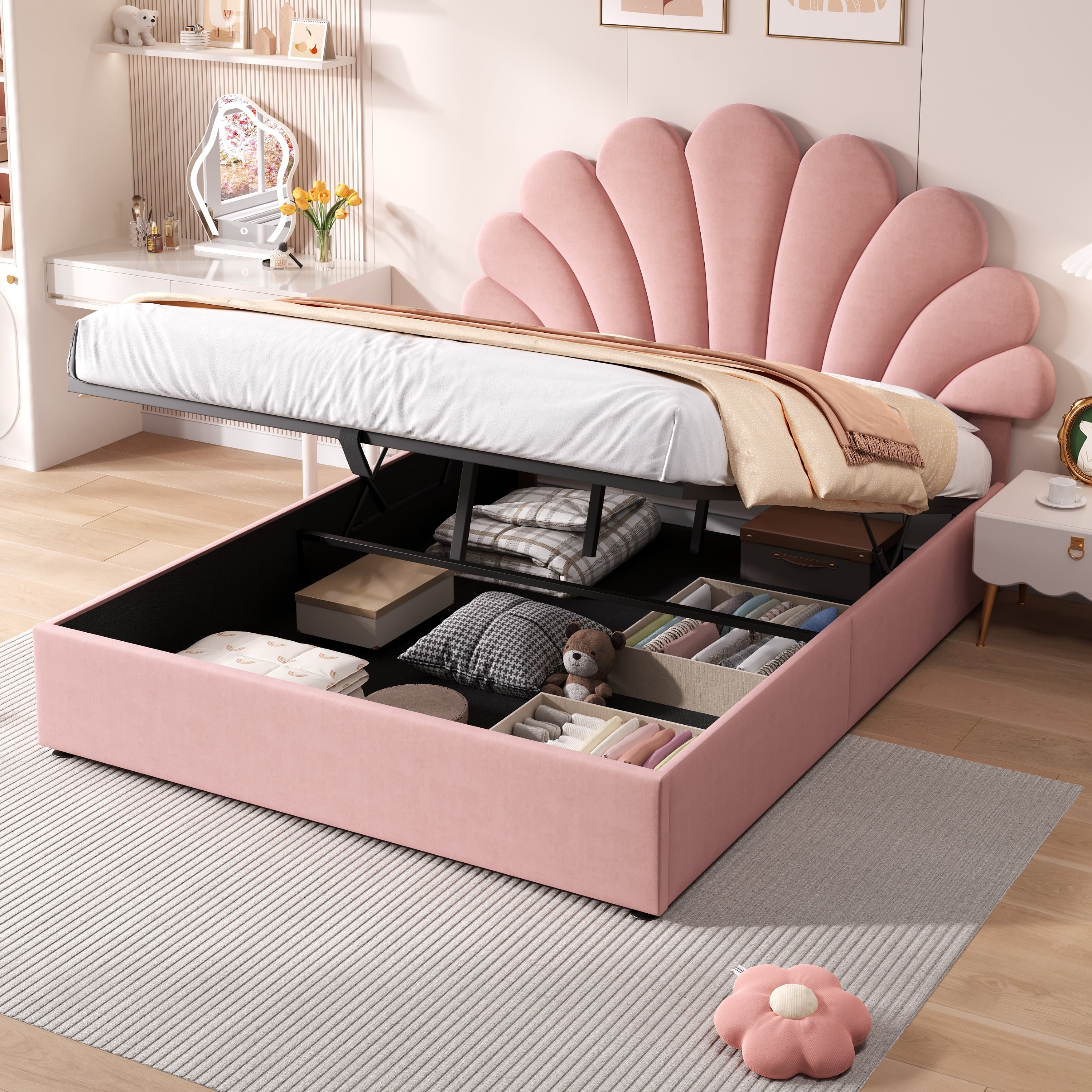 4ft6 Double Upholstered Hydraulic Bed with Adjustable Chic Petal Headboard, Soft Velvet Bed Frame with Hydraulic Storage, Petal Bed with Solid Wood Slat, No Box Spring Needed, Pink (No Mattress)