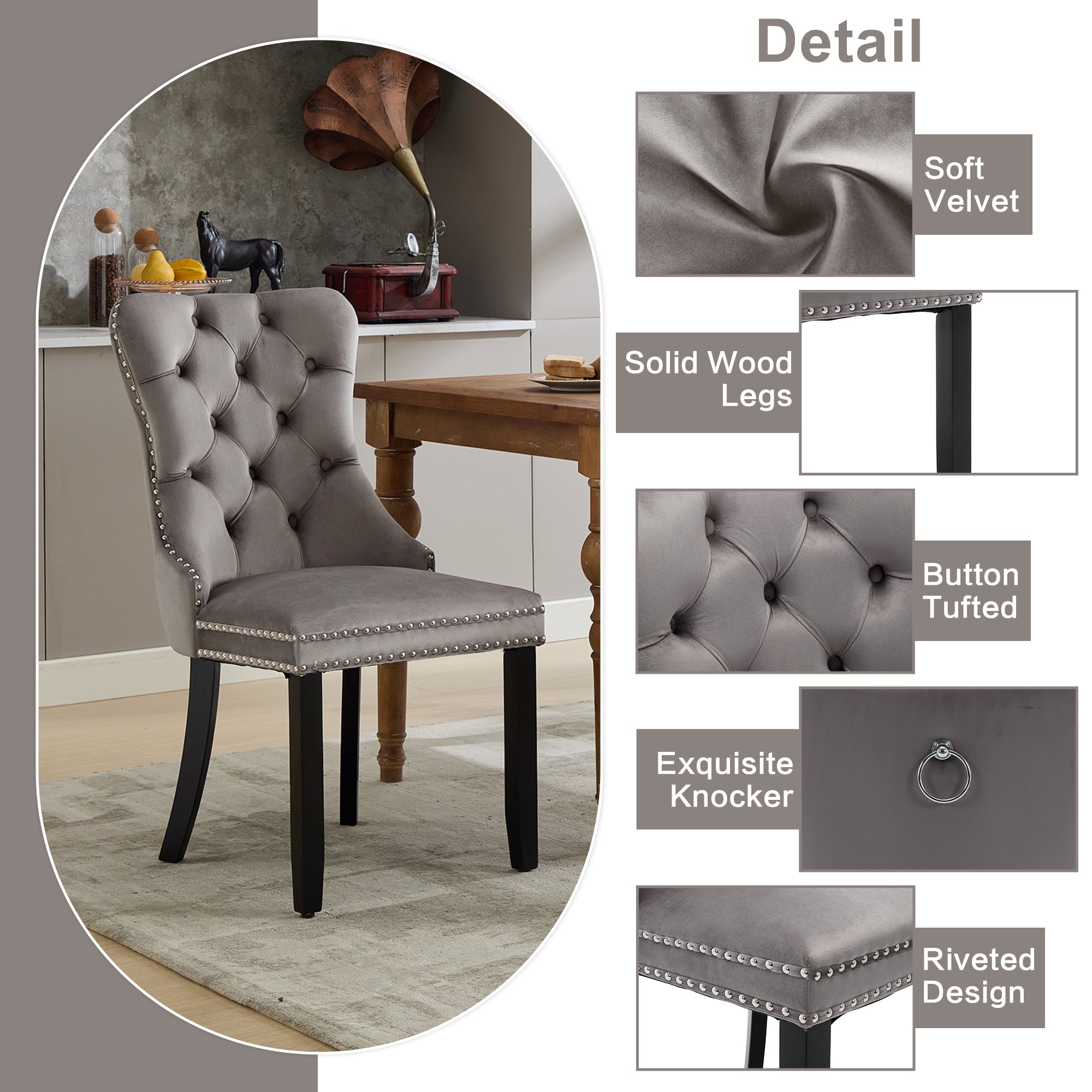 Modern Set of 2 Upholstered Velvet Dining Chairs, Button Tufted Kitchen Lounge Chairs with Solid Wood Legs, Riveted Trim and Knocker Ring, for Dining Room Living Room, Grey
