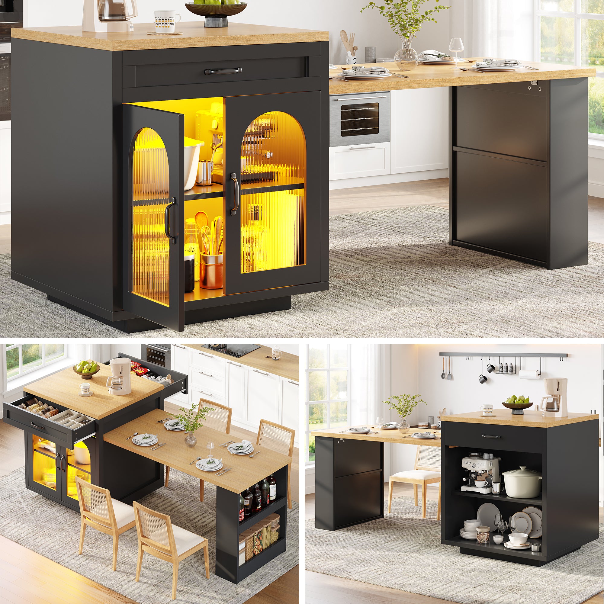 Extendable Kitchen Island with LED Lighting, Modern Storage Cabinet with 2 Drawers & Adjustable Shelves, Kitchen Sideboard with Fluted Glass Doors, MDF Kitchen Countertop for Dining Room