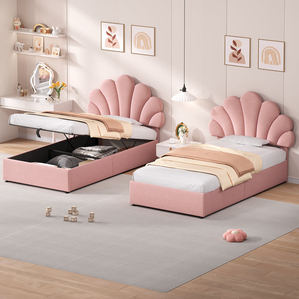 3ft Single Upholstered Hydraulic Bed with Adjustable Chic Petal Headboard, Soft Velvet Bed Frame with Hydraulic Storage, Petal Bed with Solid Wood Slat, No Box Spring Needed, Pink (No Mattress)