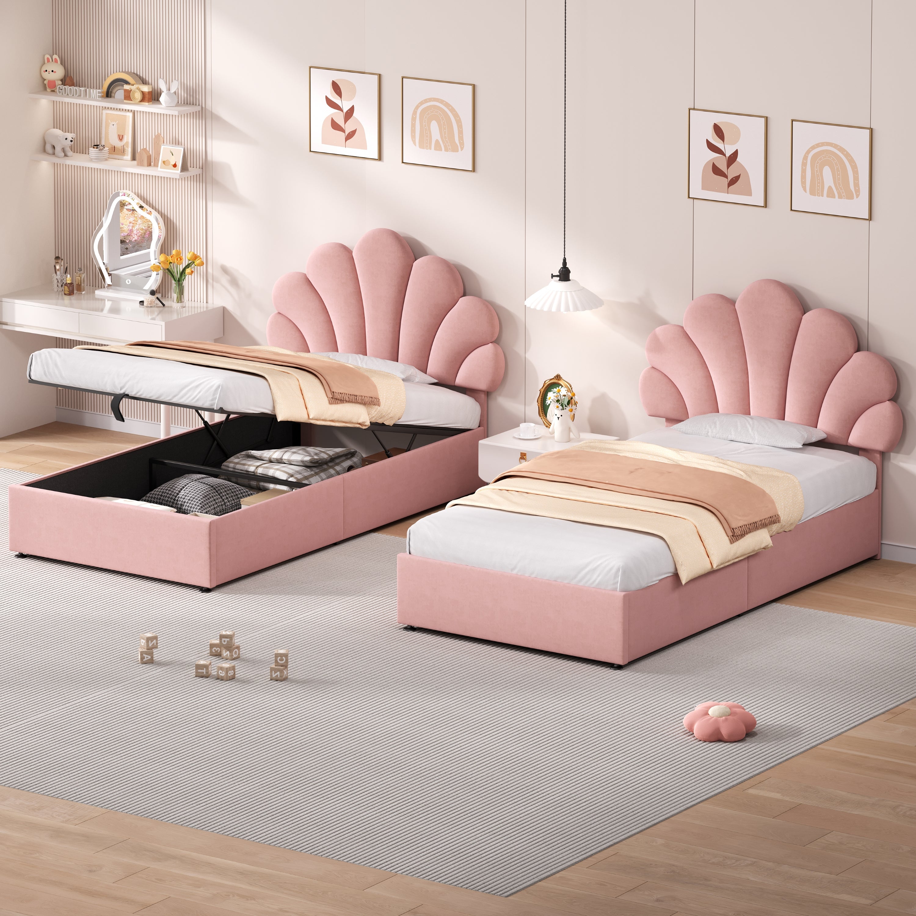 3ft Single Upholstered Hydraulic Bed with Adjustable Chic Petal Headboard, Soft Velvet Bed Frame with Hydraulic Storage, Petal Bed with Solid Wood Slat, No Box Spring Needed, Pink (No Mattress)