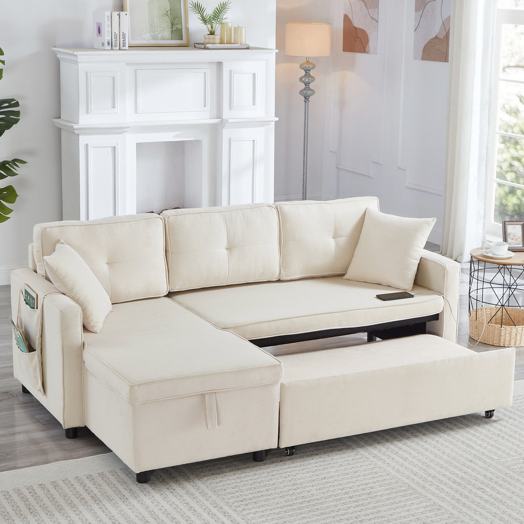L-Shaped Pull Out Sleep Sofabed, Modern Reversible Sleeper Sectional Sofa, 3 in 1 Convertible Sofa Bed with Storage Chaise, Drop-Down Table, Cup Holders and Charging Ports (USB & Type-C), Beige