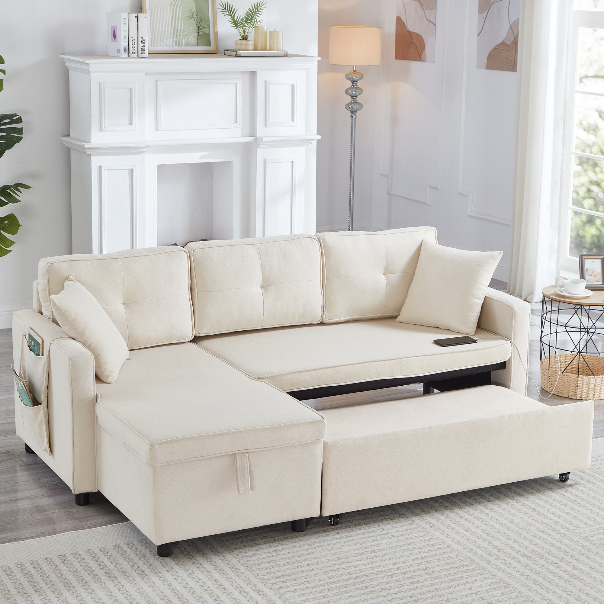 L-Shaped Pull Out Sleep Sofabed, Modern Reversible Sleeper Sectional Sofa, 3 in 1 Convertible Sofa Bed with Storage Chaise, Drop-Down Table, Cup Holders and Charging Ports (USB & Type-C), Beige