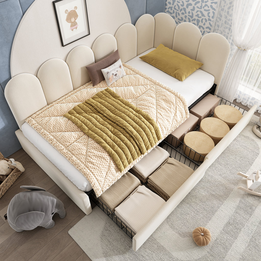 Upholstered Bed for Kids Daybed with Drawer Storage, 3FT Single Sofa Bed 90 x 190 cm, Sofa Bed for Adults and Children, Bed Frame with Slatted Frame, Velvet, Beige (No Mattress)