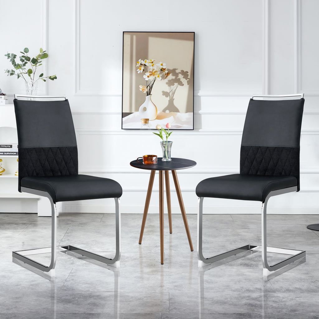 Modern dining chairs set of 2, backrest made of PU faux leather and linen, high back padded side chair, horizontal stripes backrest design for dining room, kitchen, guest office chair, black