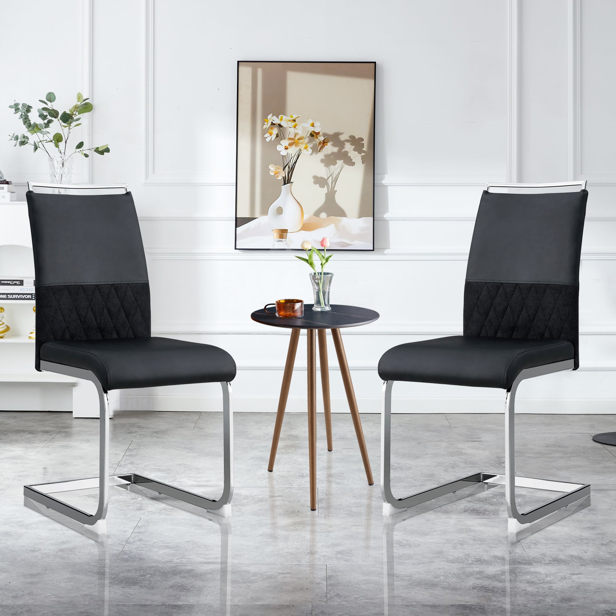 Modern dining chairs set of 2, backrest made of PU faux leather and linen, high back padded side chair, horizontal stripes backrest design for dining room, kitchen, guest office chair, black