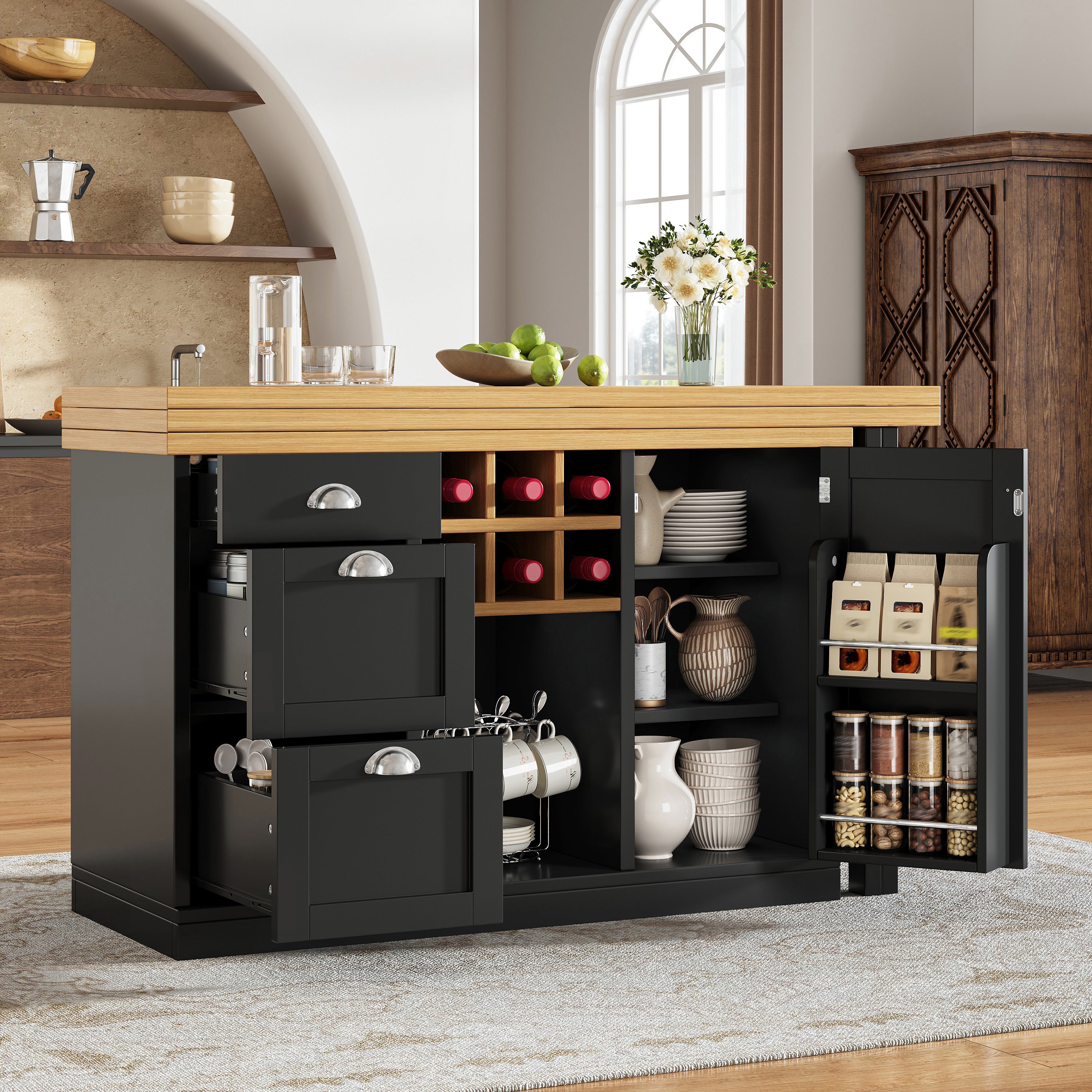 Extendable Sideboard & Dining Table Combo, 3 Drawers & Snack rack & Wine rack, Space-Saving Sideboard for Small Flats, White/Black