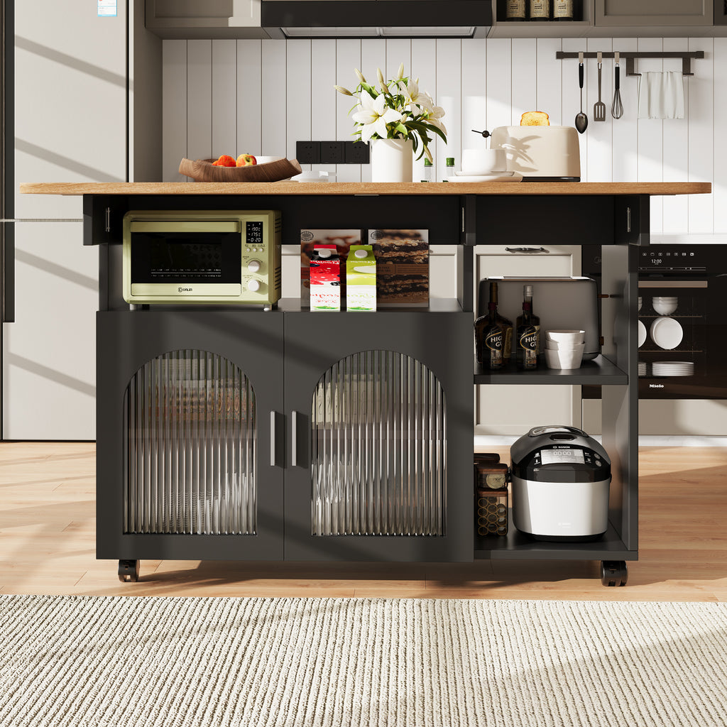 Kitchen island, kitchen cabinet, removable serving trolley, buffet cabinet, dining trolley with wood grain, buffet cabinet, multifunctional dining table with storage space, Black