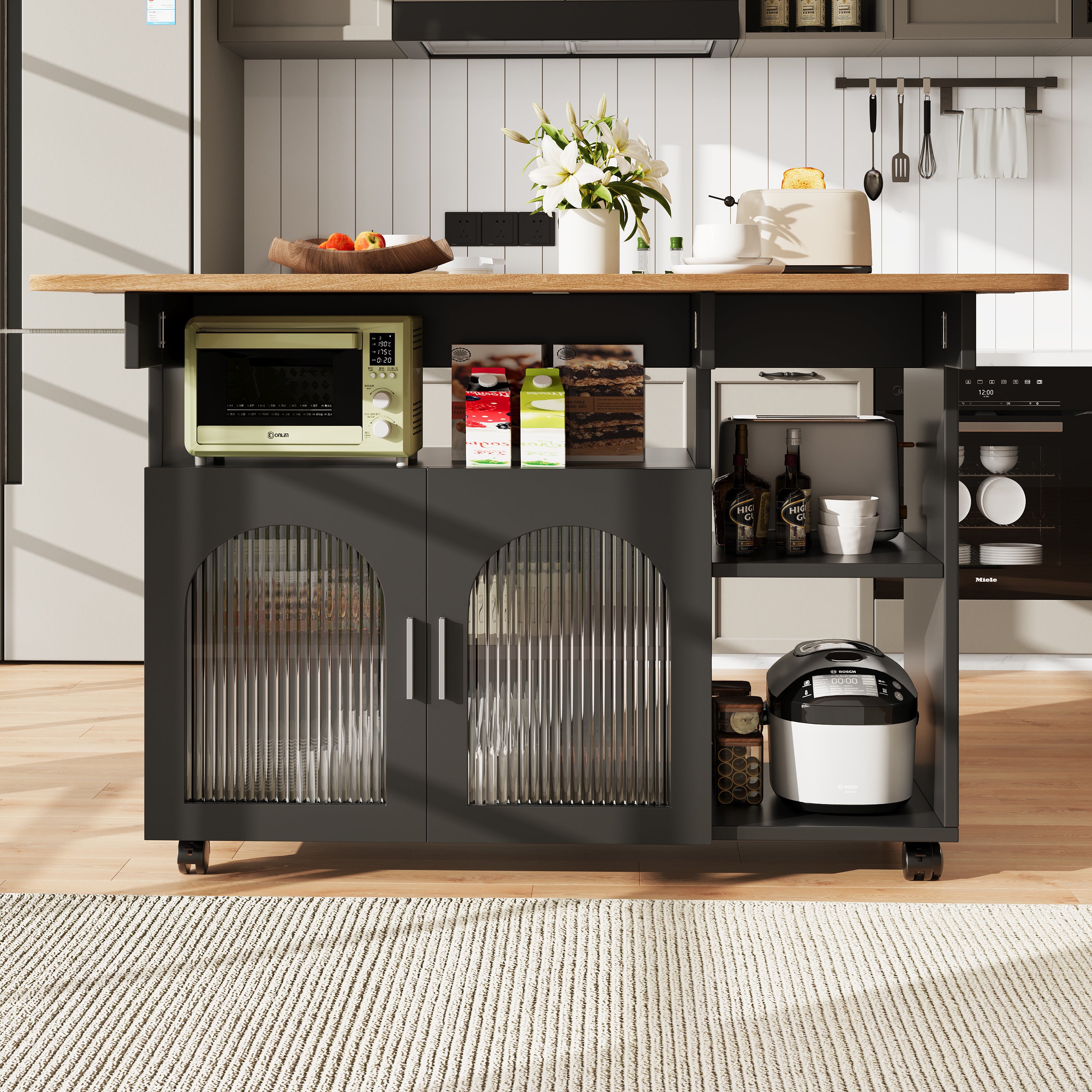 Kitchen island, kitchen cabinet, removable serving trolley, buffet cabinet, dining trolley with wood grain, buffet cabinet, multifunctional dining table with storage space, Black