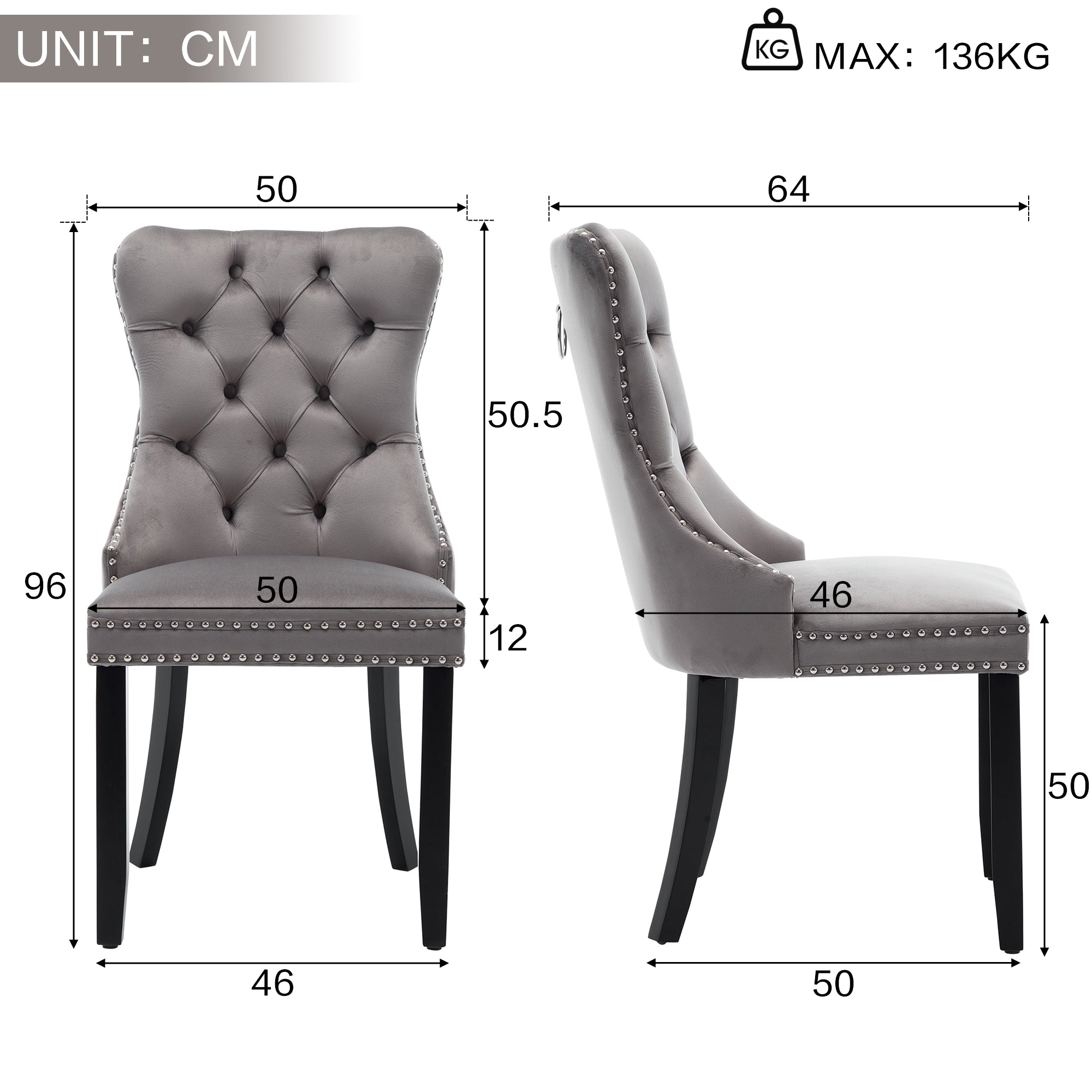 Modern Set of 4 Upholstered Velvet Dining Chairs, Button Tufted Kitchen Lounge Chairs with Solid Wood Legs, Riveted Trim and Knocker Ring, for Dining Room Living Room, Grey