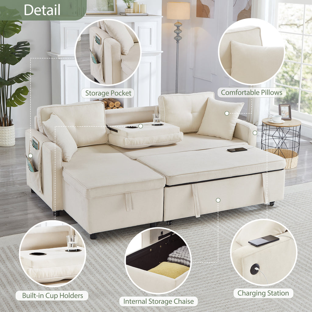 L-Shaped Pull Out Sleep Sofabed, Modern Reversible Sleeper Sectional Sofa, 3 in 1 Convertible Sofa Bed with Storage Chaise, Drop-Down Table, Cup Holders and Charging Ports (USB & Type-C), Beige