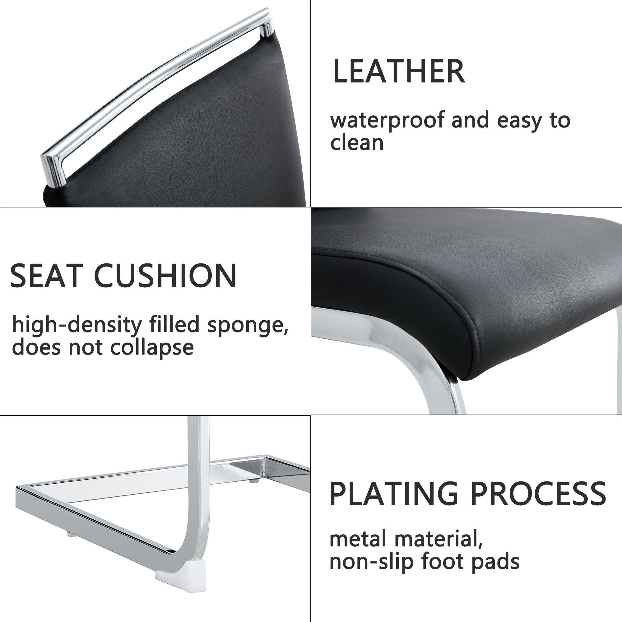 Modern dining chairs set of 2, backrest made of PU faux leather and linen, high back padded side chair, horizontal stripes backrest design for dining room, kitchen, guest office chair, black