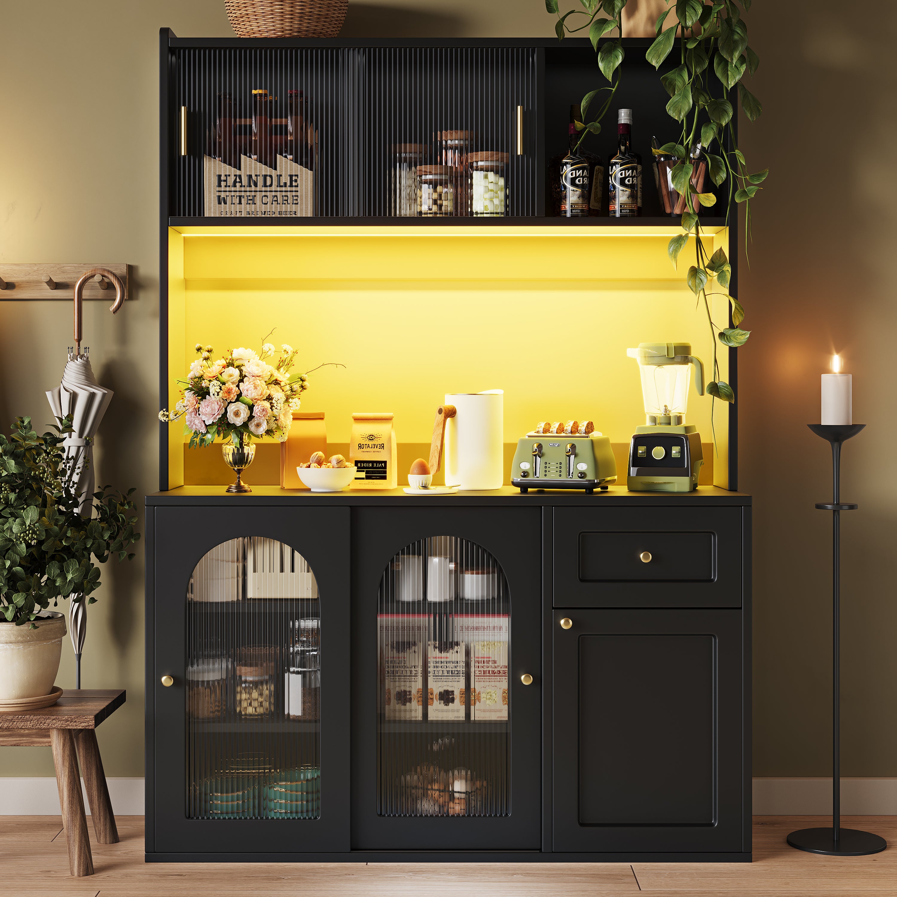 Kitchen Cabinet(120*35*167cm), Tall Cabinet, Display Cabinet, Buffet Cabinet with Adjustable Shelves, Dining Room Cabinet, Sideboard with LED Lighting, White/Black