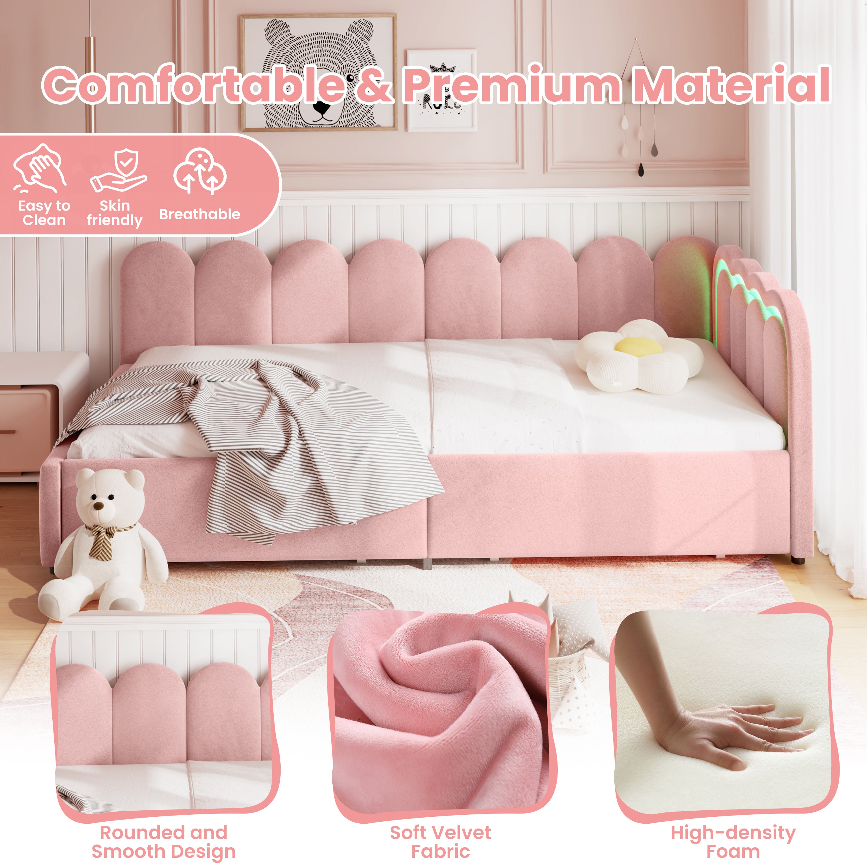 3ft Single Daybed with Smart RGB LED Lights and 2 Storage Drawers, Modern Velvet Youth Bed with Scalloped Backrest and Wooden Slats, Reversible Side Panel, Easy Assembly, Pink (No Mattress)