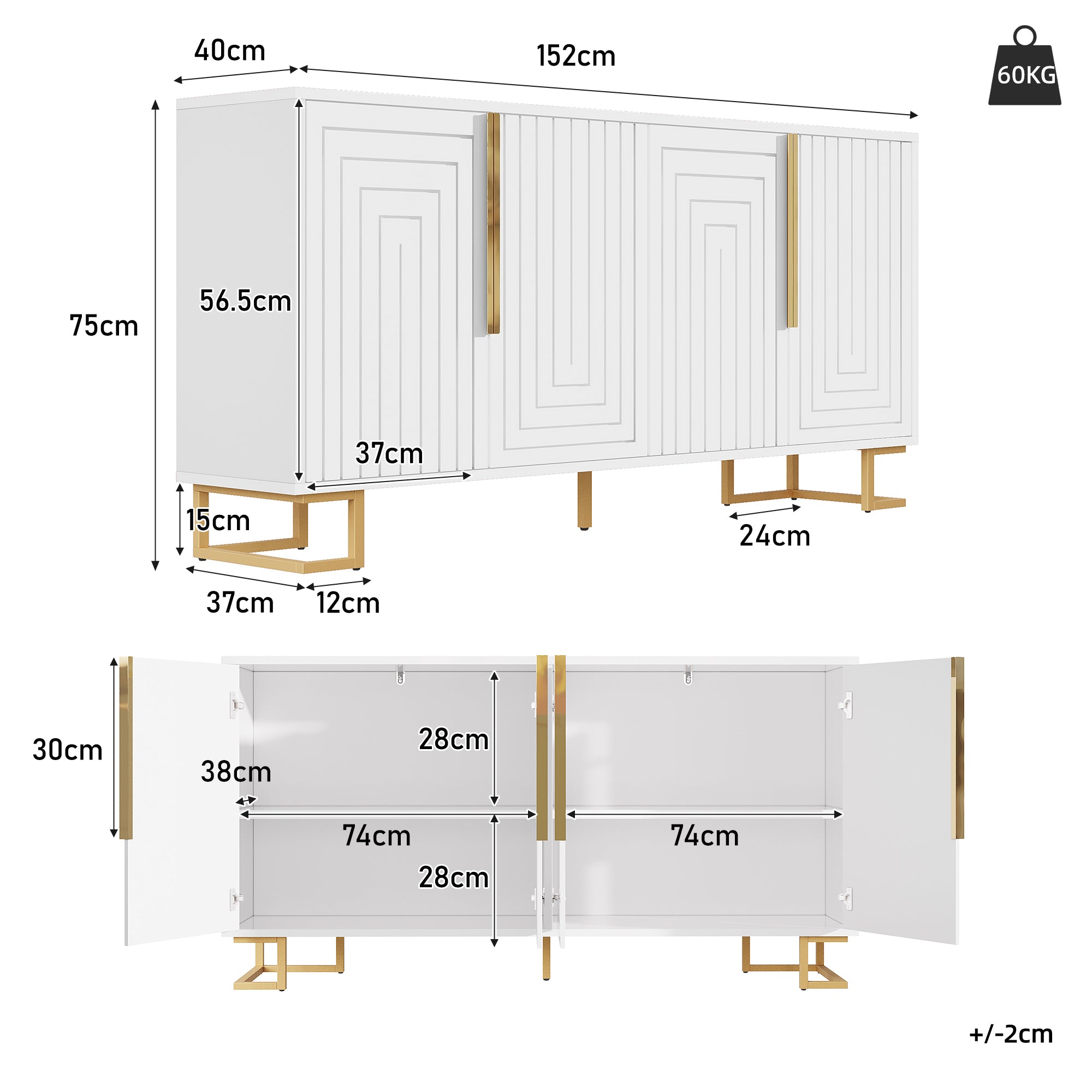 White sideboard (152 x 40 x 75 cm) features a unique geometric design and gold handles and feet for an elegant feel.