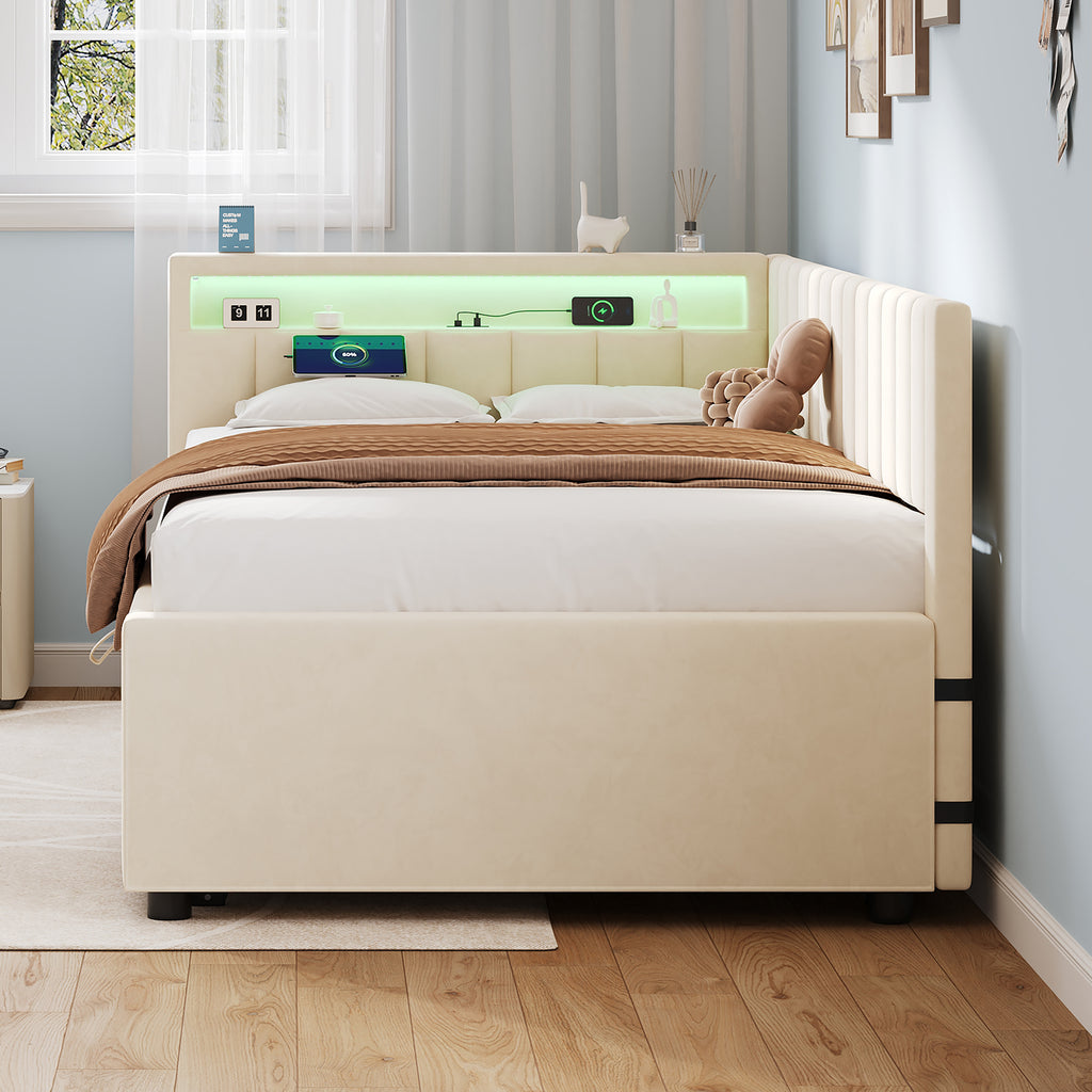 3ft Single Velvet Daybed, Sofa Bed with RGB LED Lights and Charging Station, Upholstered Sofa Bed with Trundle, Pull out Trundle Bed for Living Room, Bedroom or Study, Beige (No Mattress)