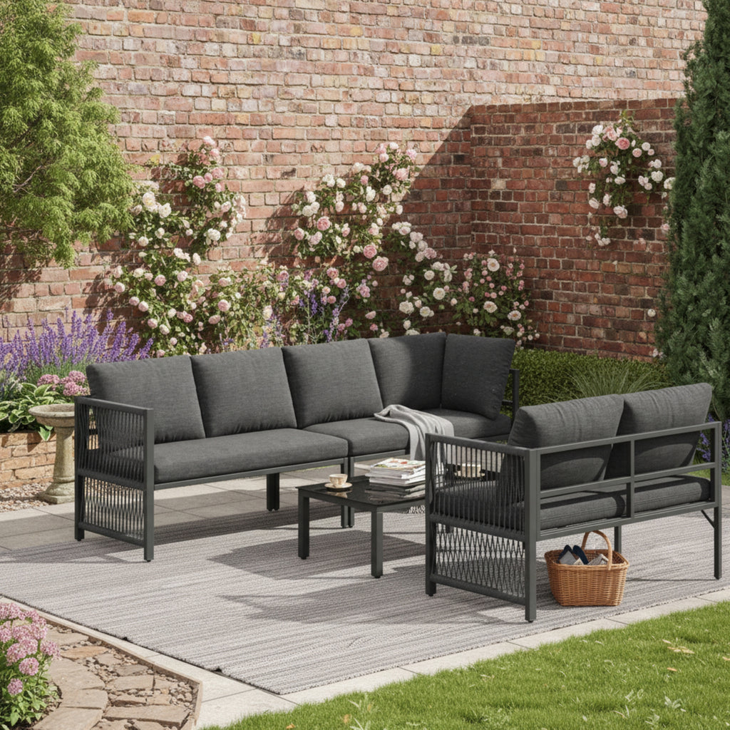 5-6 Seater Garden Furniture Set with Tempered Glass Coffee Table, L-Shaped Corner Sofa with Polyester Rope, Weatherproof Outdoor Patio Dining Lounge Set for Balcony and Terrace, Linen, Grey