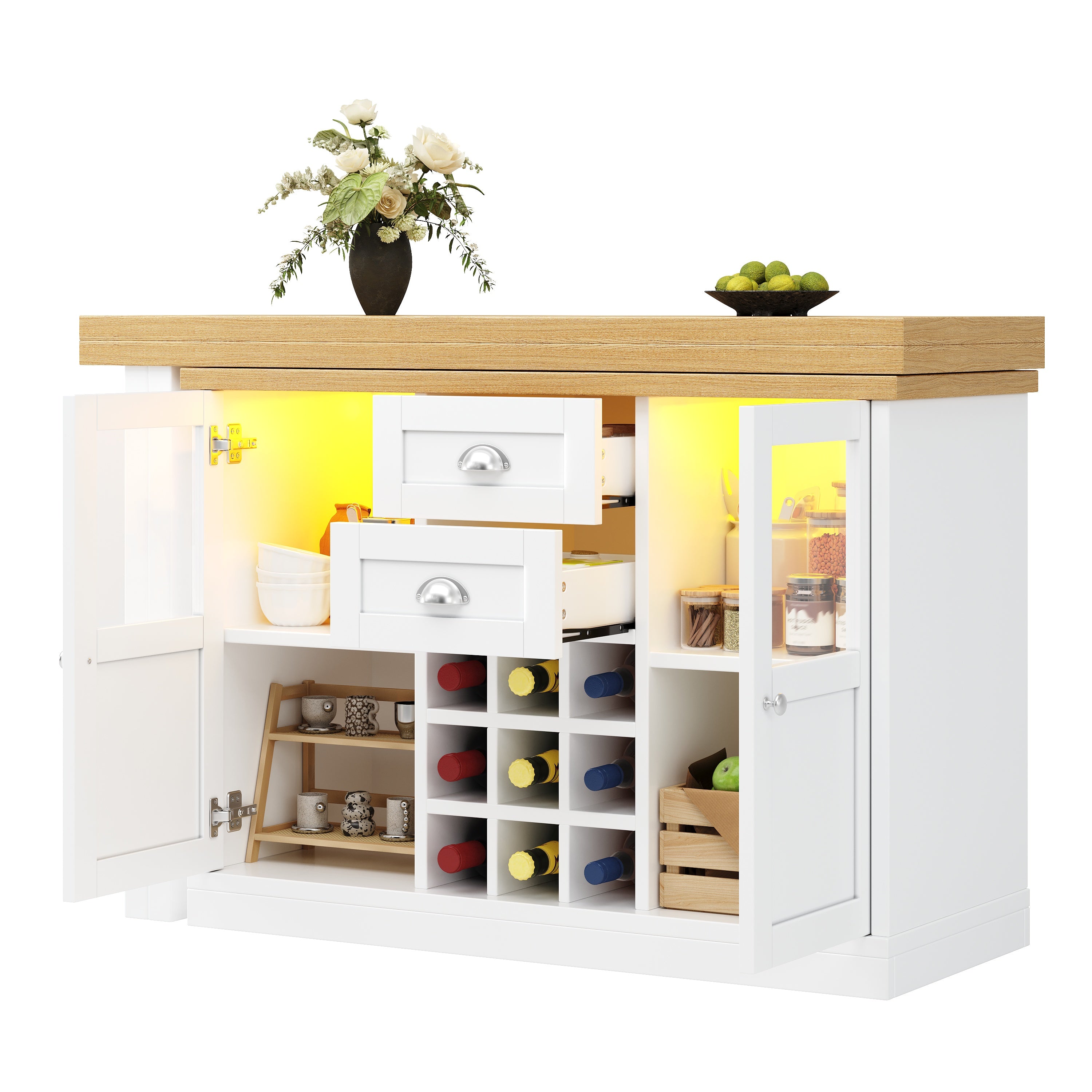 Extendable Sideboard with LED Lights, 120-197cm Adjustable Dining Table with Storage, 2 Drawers & Glass Cabinet doors, White/Black