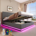 Ottoman Double Bed with LED Lighting, PU Leather Upholstered Bed with Hydraulic Storage, 4ft6 Double Bed Frame with Adjustable Square Tufted Headboard, Grey (No Mattress)
