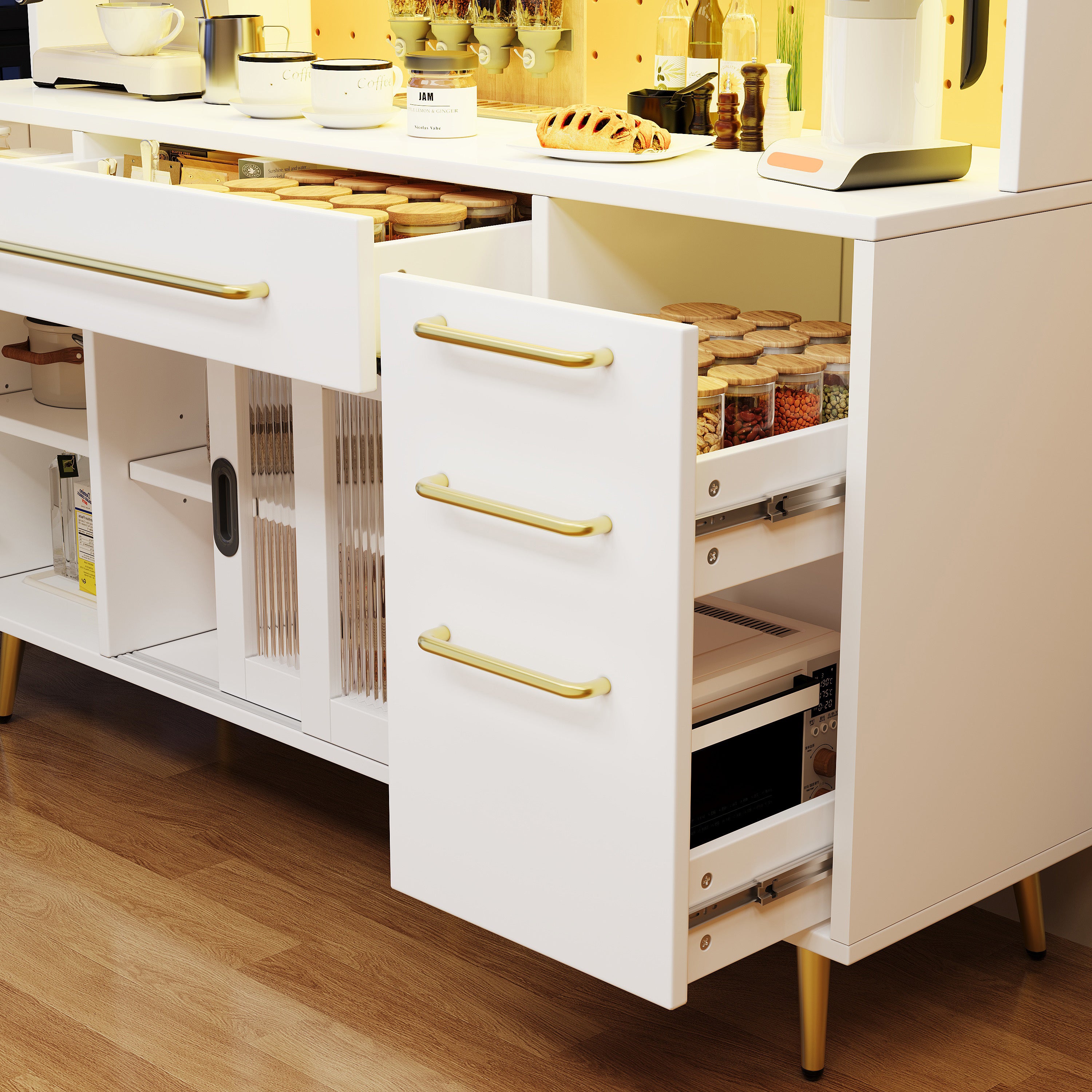 Modern sideboard with LED lighting, tall cabinet for kitchen and living room, storage cabinet with perforated wall, drawer and glass shelves, white