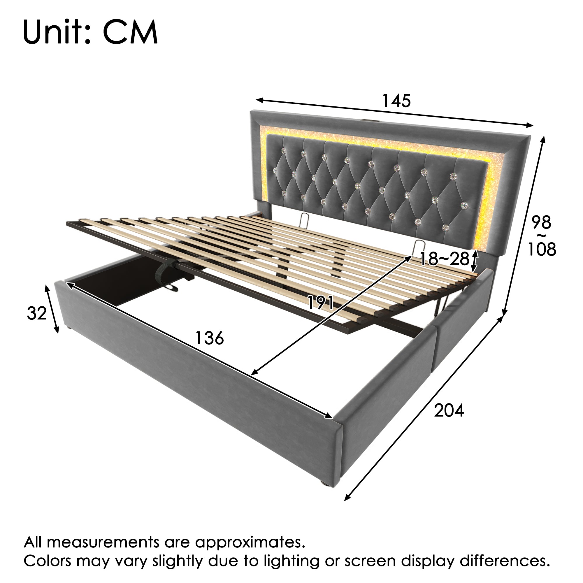 Upholstered Double Bed 135 x 190 cm with LED Lighting, USB Type-C Charging, 4ft6 Hydraulic Storage Bed with Adjustable Diamond Tufted Headboard, Velvet, Grey (No Mattress)