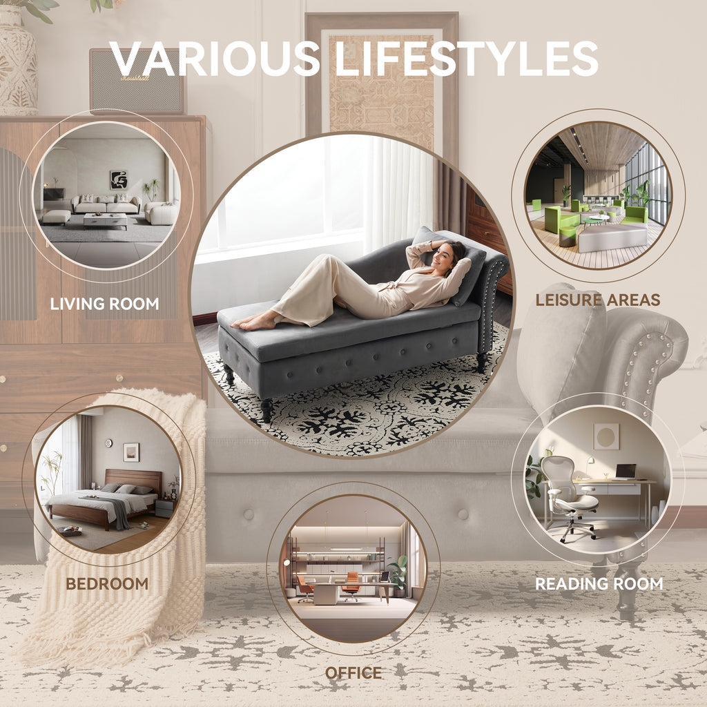 Velvet Chaise Lounge Sofa with Storage, Upholstered Chaise lounge Couch with Pillow for Living Room, Modern Nailhead-Trim & Button-tufted Lounge Chair, Bedroom and Office, Right Armrest