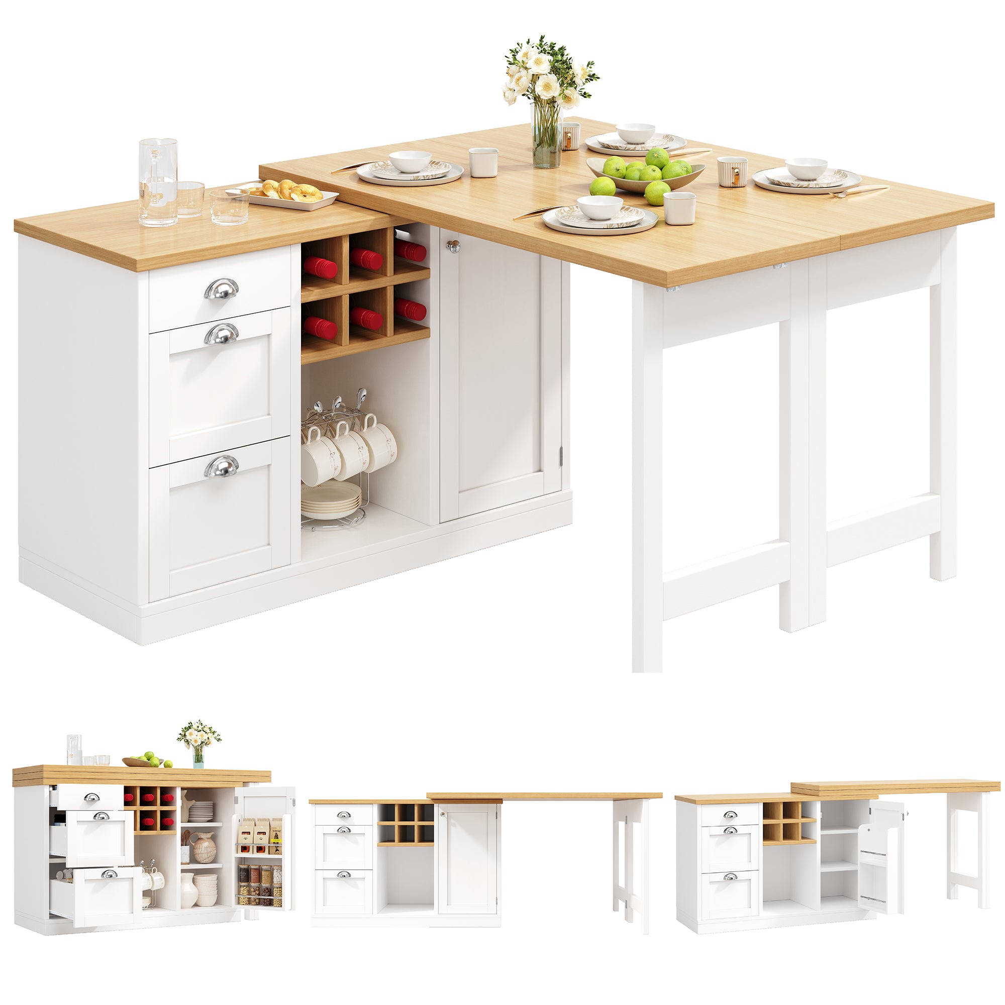 Extendable Sideboard & Dining Table Combo, 3 Drawers & Snack rack & Wine rack, Space-Saving Sideboard for Small Flats, White/Black