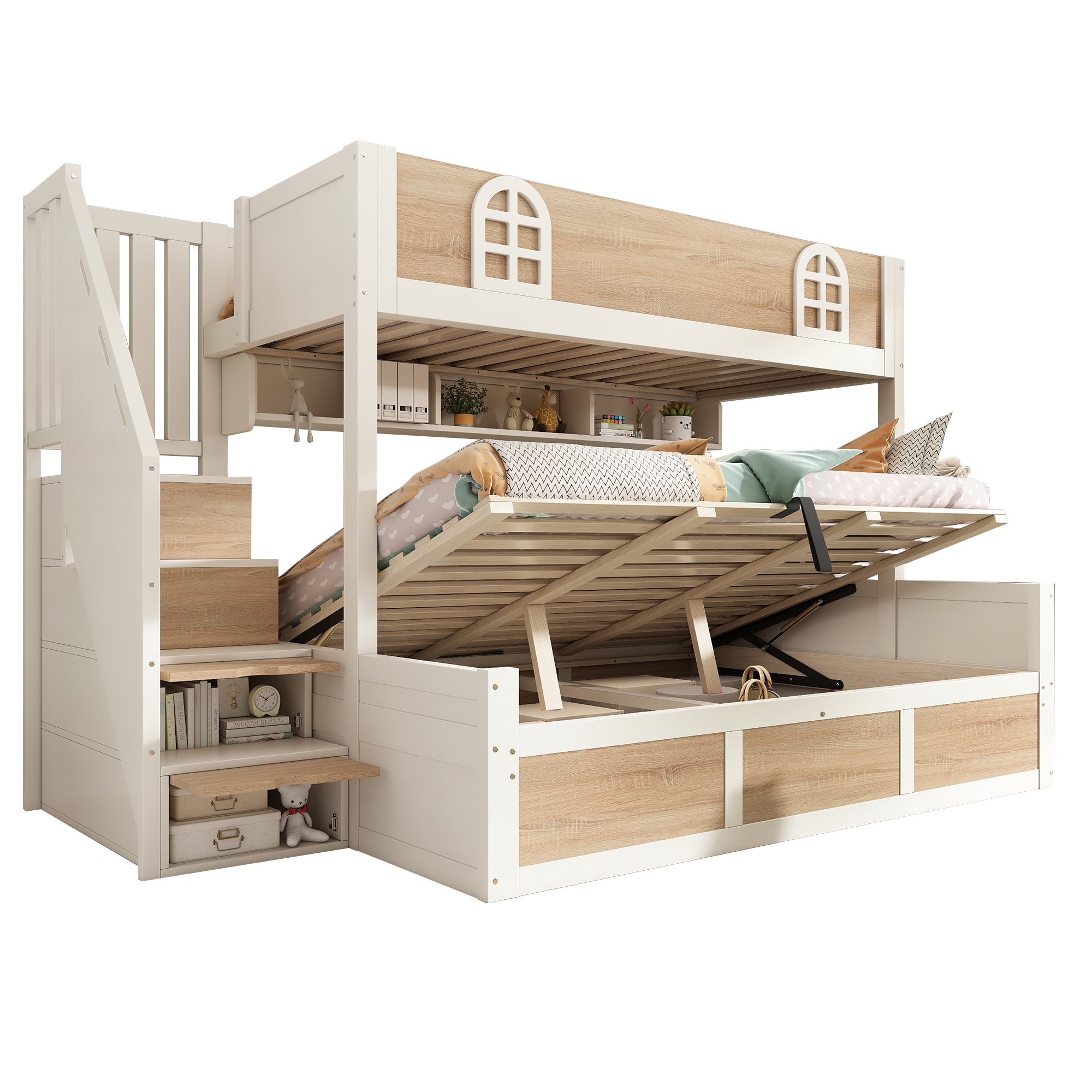 Bunk Beds for Kids, Staircase Bunk with Hydraulic Storage, Children's Bed with Storage Cube, Double Bunk Bed for Family with Multiple Children, (90+135) x 190 cm, Solid Wood, White & Natural