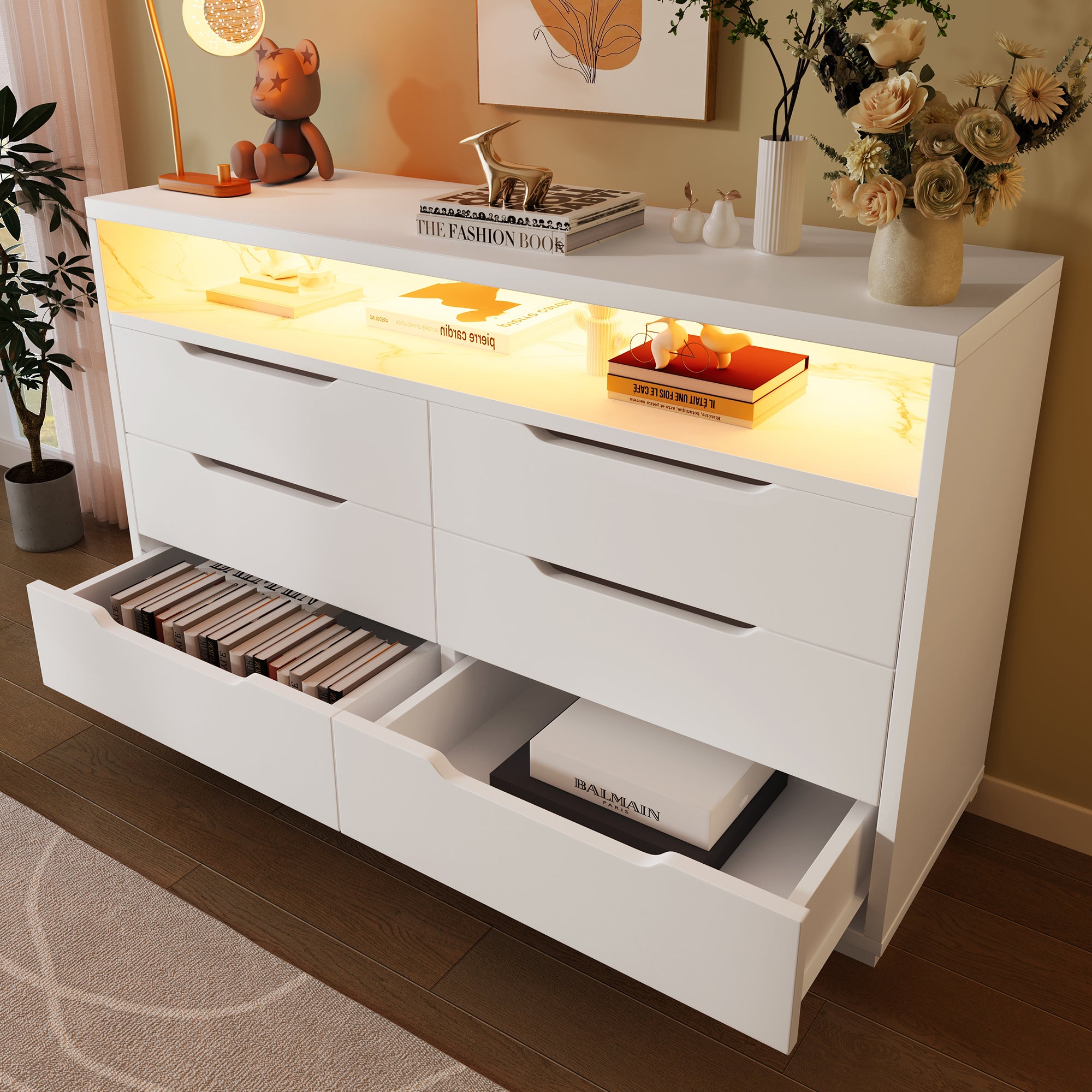Marbled 6-Drawer Sideboard, Modern Storage Cabinet with RGB LED Lighting & Shelves, Chest of Drawers for Living Room Home Office, 85 x 120 x 40 cm, White