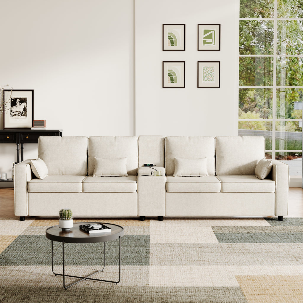 4-Seater Modern Sofa with Storage Console, Minimalist Style Couch with Side Pockets, Cup Holders and Charging Ports (USB & Type-C), for Living Room, Apartment, Office,Beige, Linen Fabric