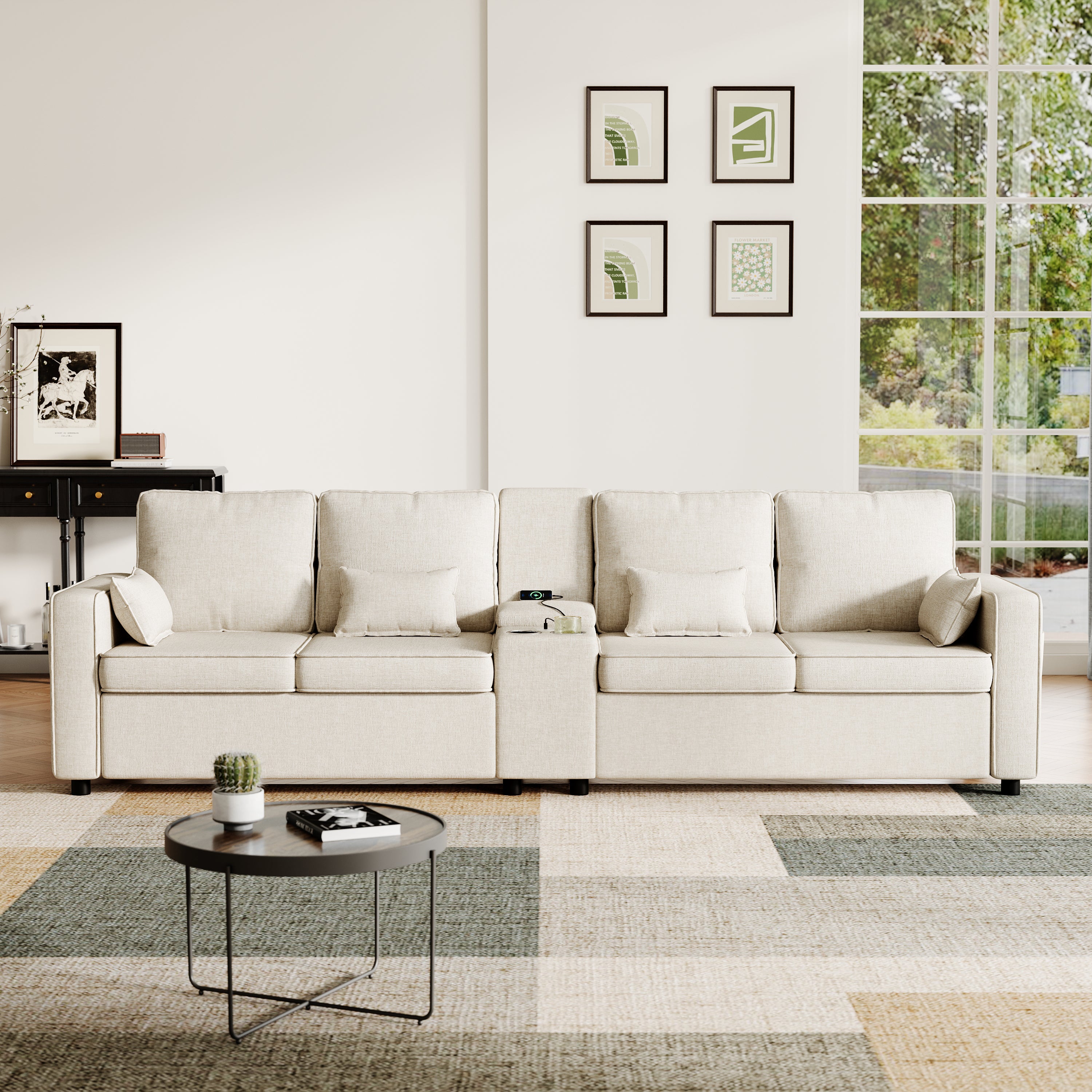 4-Seater Modern Sofa with Storage Console, Minimalist Style Couch with Side Pockets, Cup Holders and Charging Ports (USB & Type-C), for Living Room, Apartment, Office,Beige, Linen Fabric