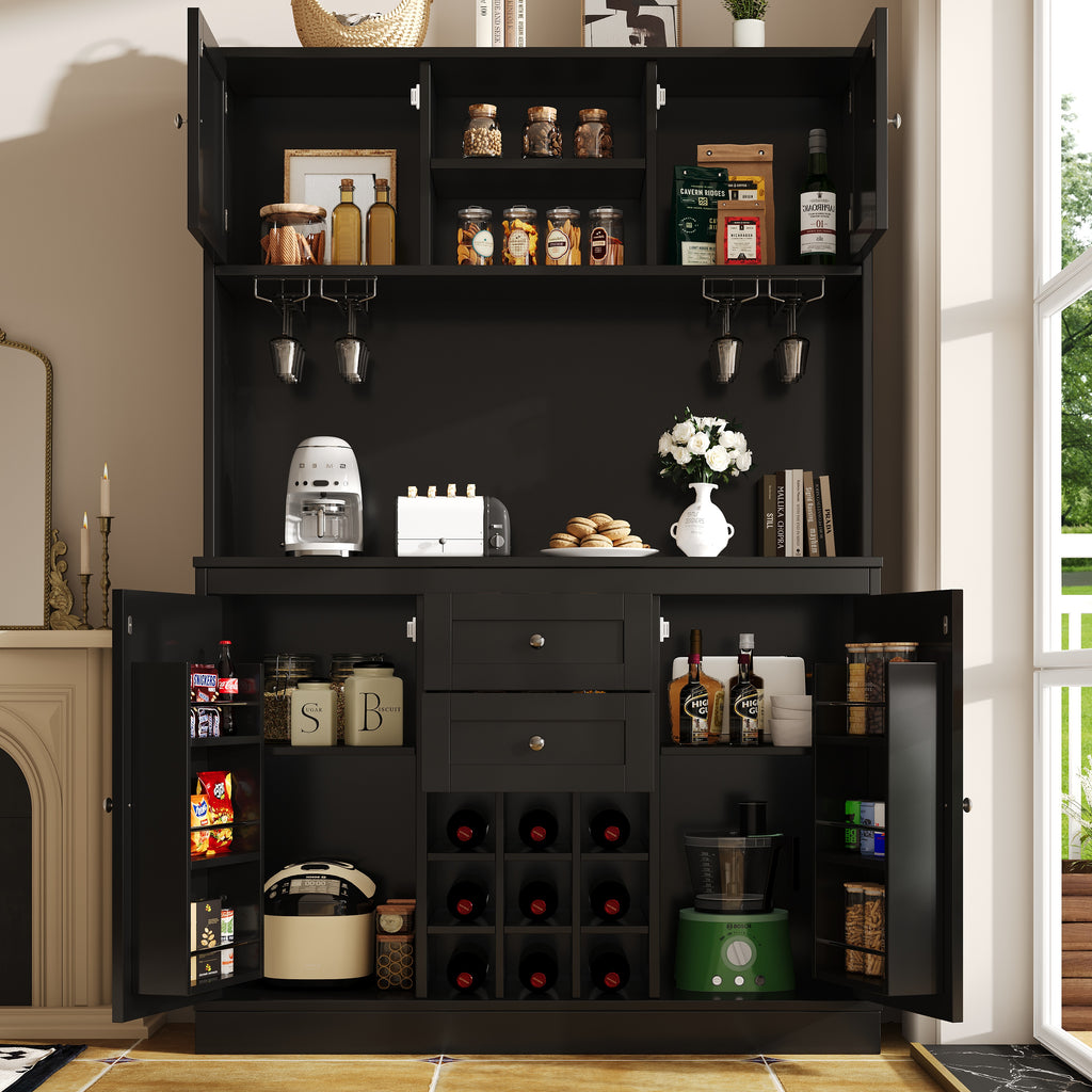 Kitchen Cabinet with Adjustable Shelves & Wine Rack, Tall Kitchen Cabinet with 4 Doors & 2 Drawers, Sideboard for Kitchen & Living Room, Buffet Cabinet, White/Balck
