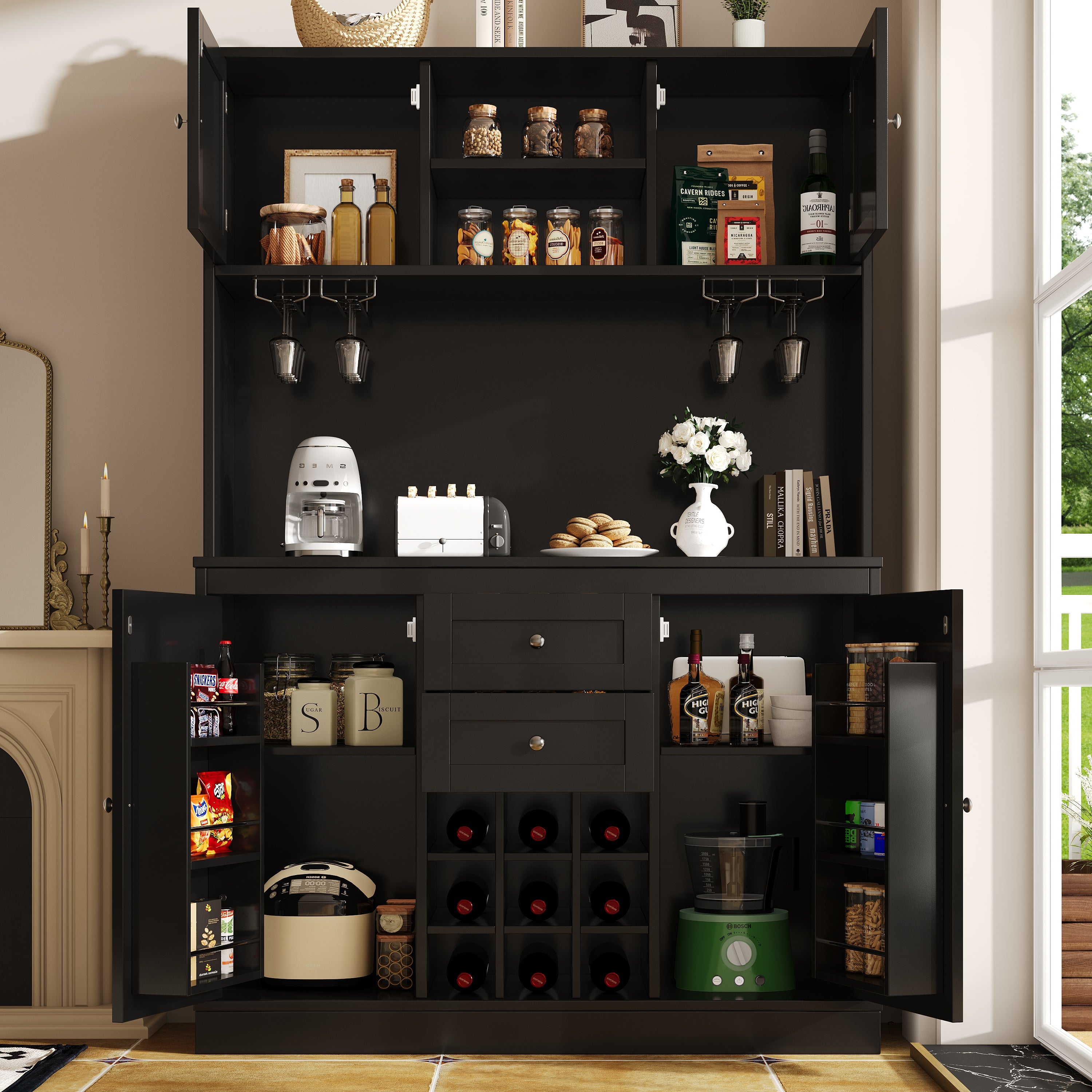 Kitchen Cabinet with Adjustable Shelves & Wine Rack, Tall Kitchen Cabinet with 4 Doors & 2 Drawers, Sideboard for Kitchen & Living Room, Buffet Cabinet, White/Balck