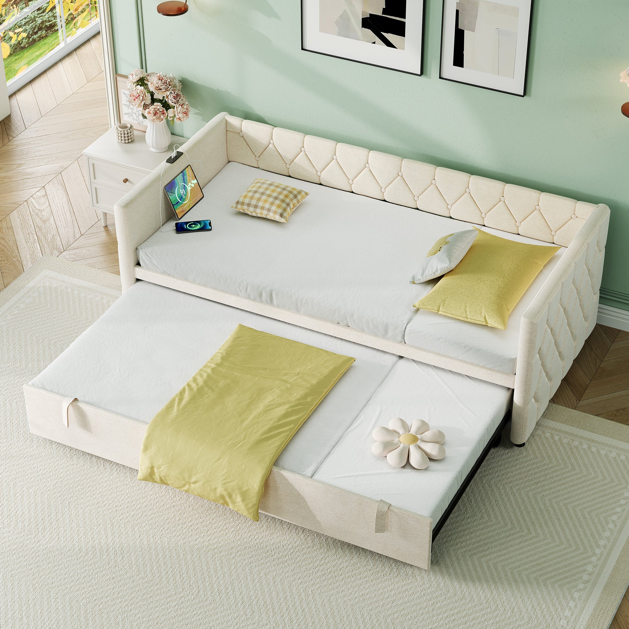Upholstered Daybed, Sofa Bed with Charging Station, 3ft Single Button-tufted Bed with USB and Type - C Ports, Pull out Trundle Bed for Living Room/ Bedroom/ Study Room, Linen, Beige (No Mattress)