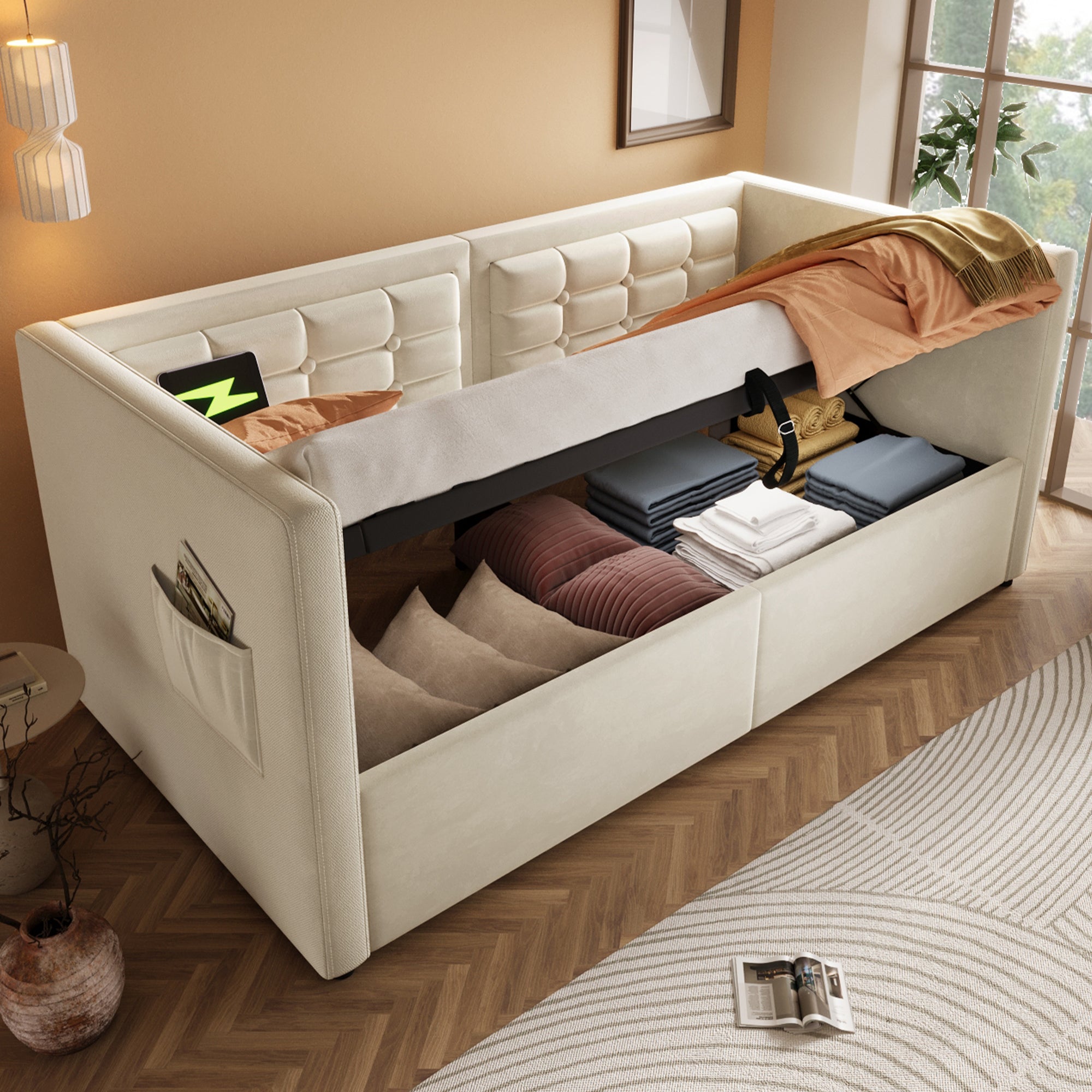 Daybed Upholstered Bed 90 x 190 cm, 3FT Single Sofa Bed with USB &Type-C Charging Station,  Hydraulic Storage Bed for Living Room and Bedroom, Velvet, Beige (No Mattress)