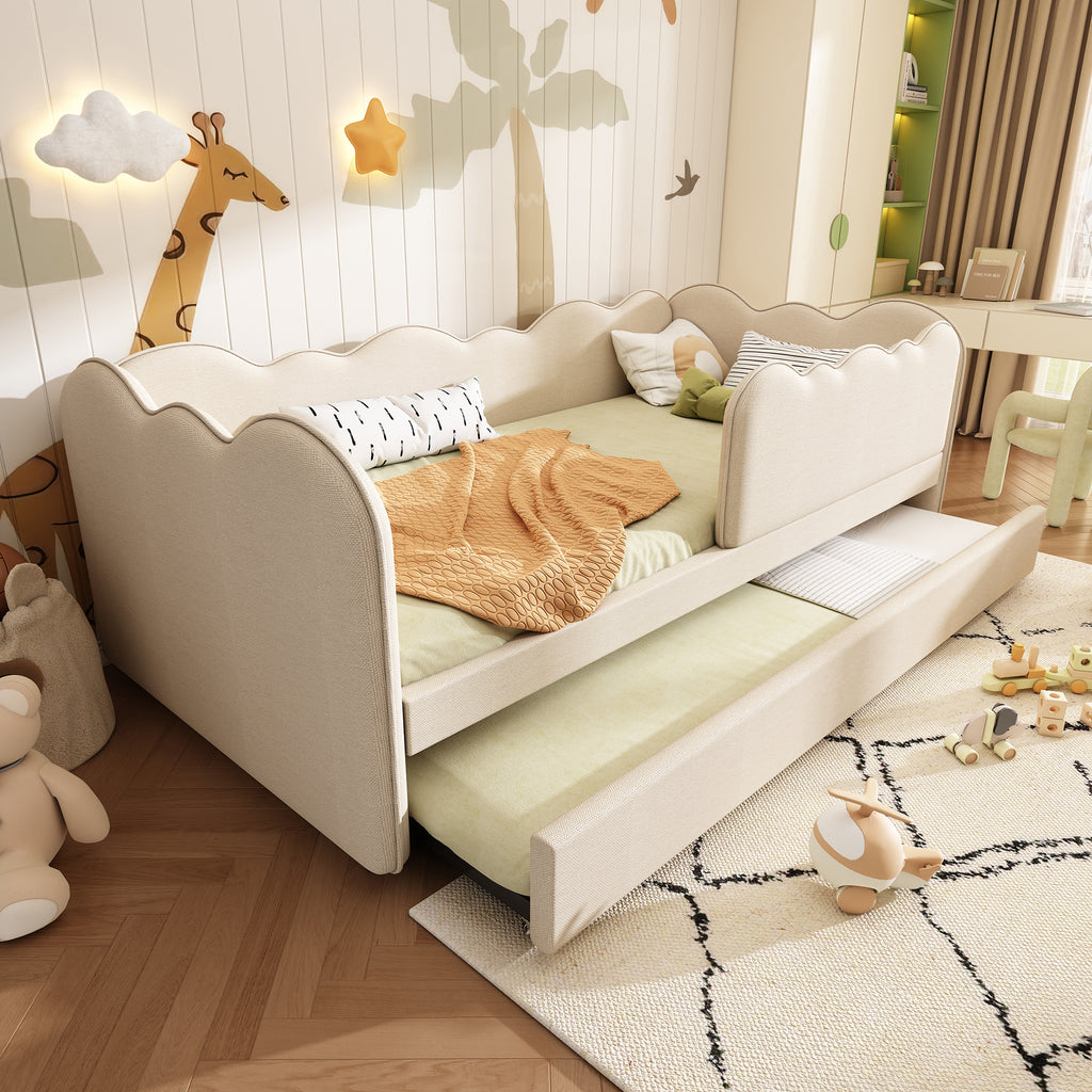 Upholstered Bed Daybed 90 x 190 cm, 3FT Single Bed with Pull out Trundle, Sofa Bed For Adults and Children, Single Daybed With Slatted Frame, Linen, Beige (No Mattress)