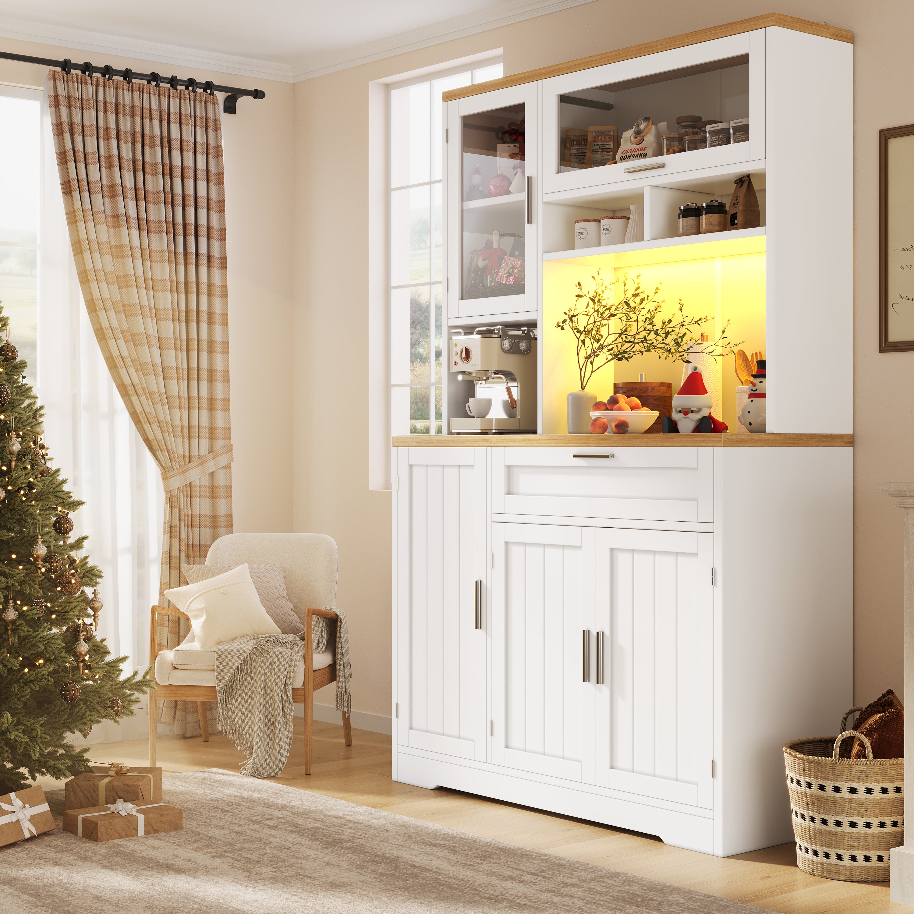 Tall Display Cabinet with LED Lighting - 104x40x180 cm Kitchen & Living Room Storage, White/Black