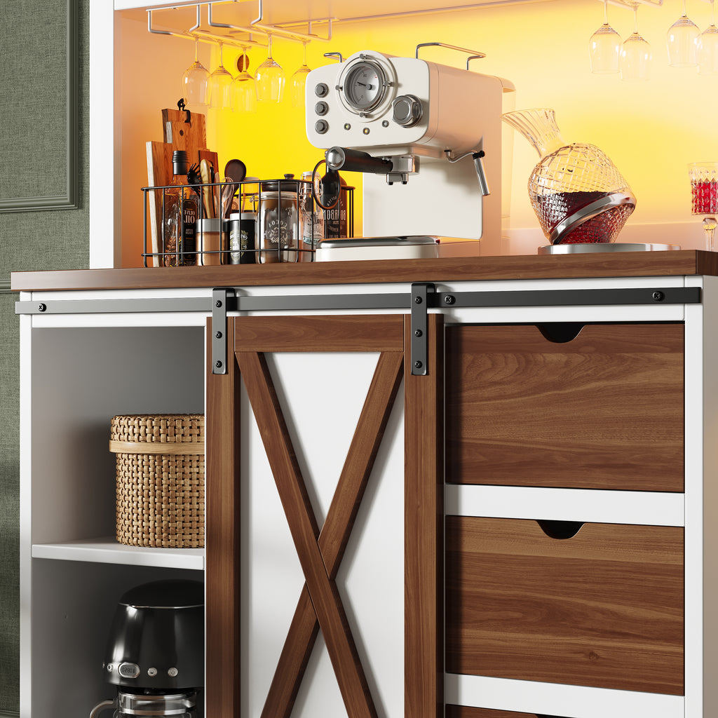 Modern tall cabinet with LED lighting & app control, kitchen cabinet or dining room cabinet with drawer, sideboard with sliding door and three drawers,White
