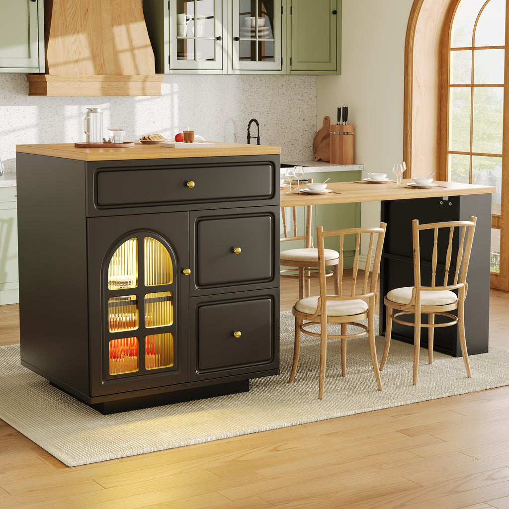 Extendable bar table with storage (122.5-195.5×70×93.5cm), with four drawers and curved glass door, kitchen island with extendable table, LED color light, for 2-6 people, kitchen dining cart with side