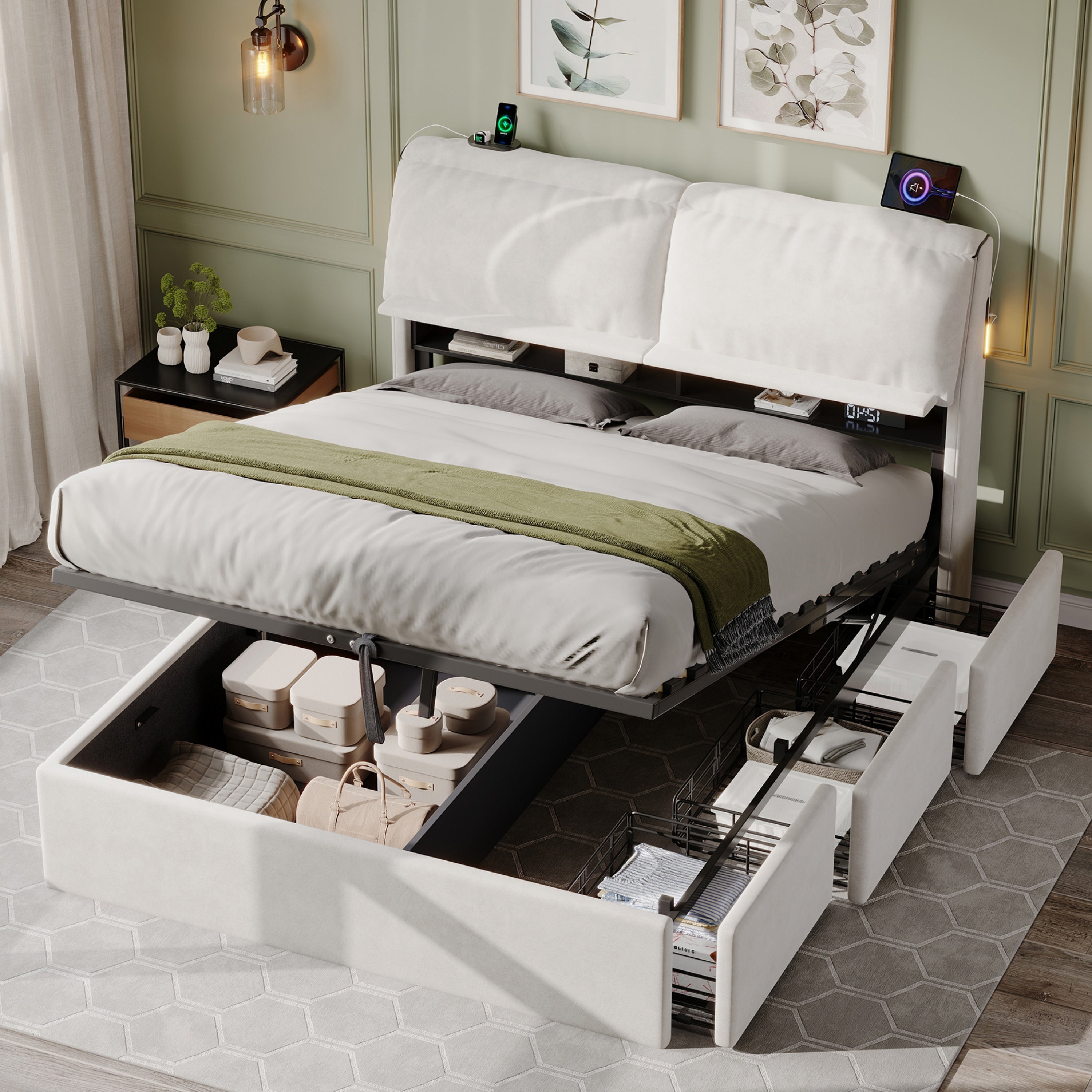 5ft King Bed with Hydraulic Storage, Velvet Upholstered Bed with Headboard Flip-top Storage and Drawers, Back Cushion Headboard with Charging Station and LED Night Light, Cream White (No Mattress)