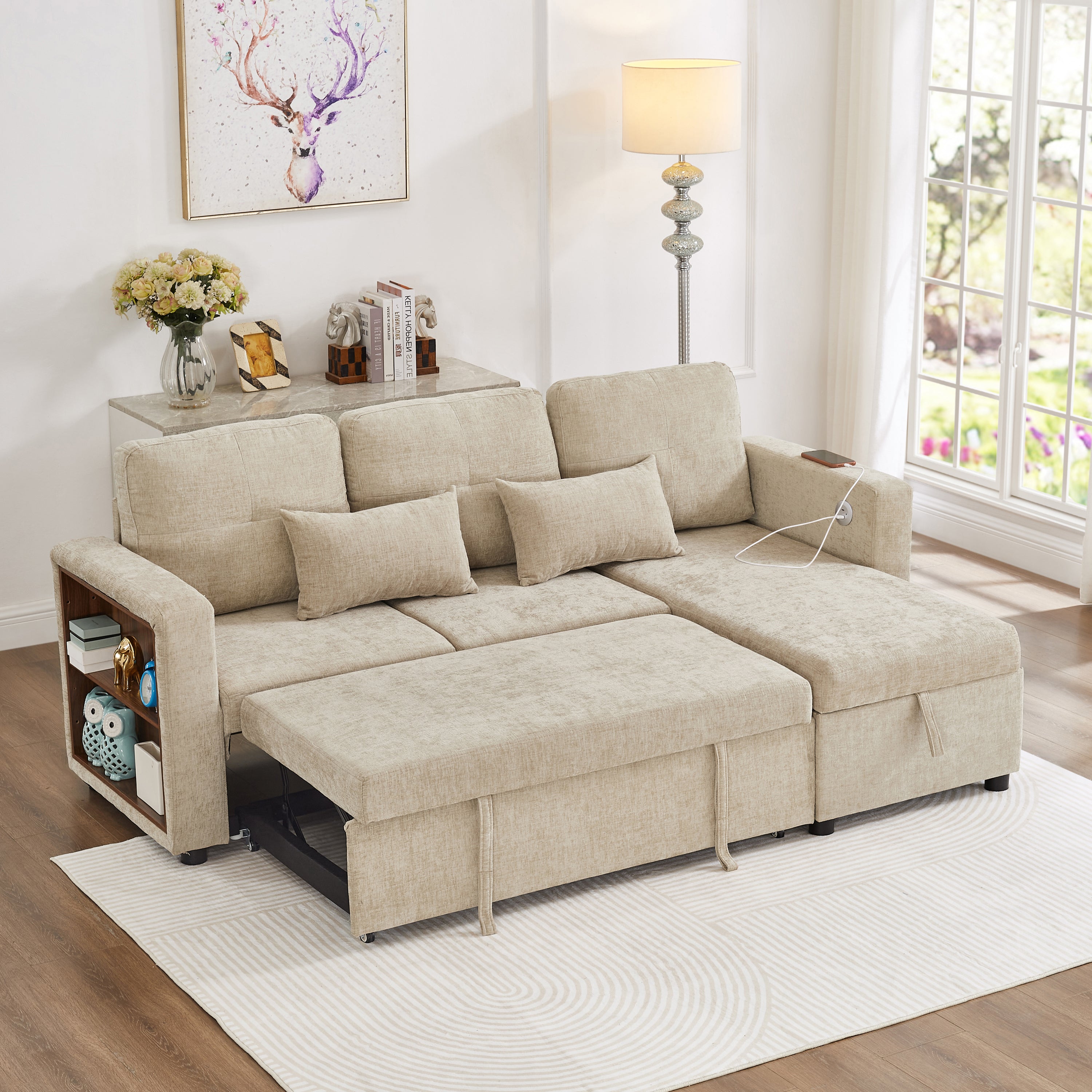 3-in-1 Convertible Chenille Sectional Sofa Bed with Reversible Storage Chaise, L-Shaped Sleeper Sofa with Integrated Charging Station and Adjustable Armrest Side Storage, USB & Type-C Ports, Beige